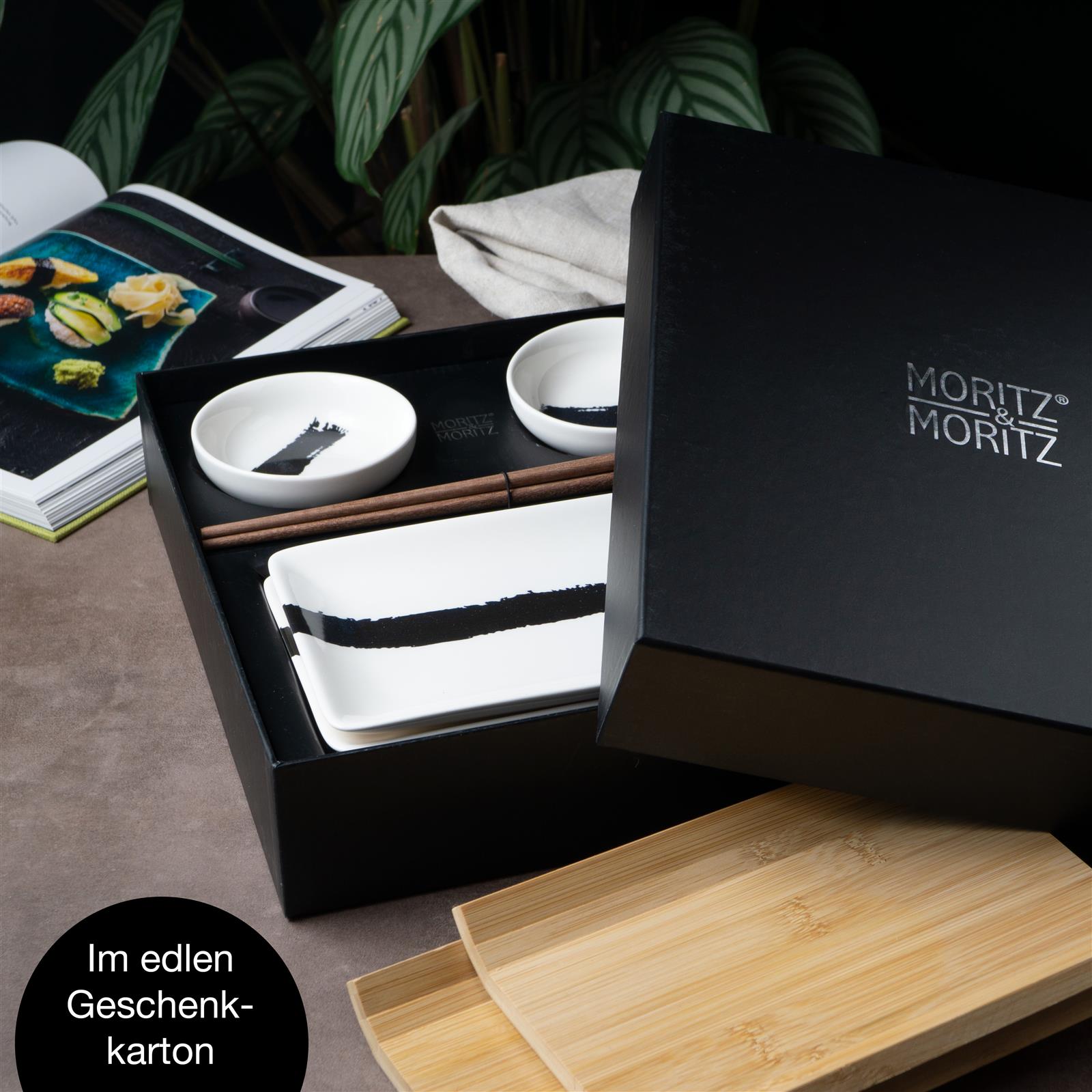 Sushi-Geschirr in Schwarz, Ein 6-teiliges Gourmet-Sushi-Set in Schwarz mit künstlerischen Pinselstrichen