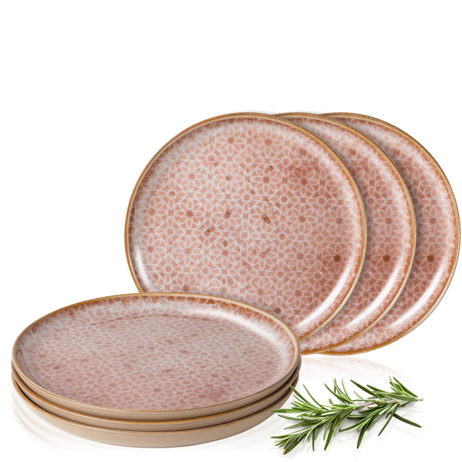 6-teiliges Set mediterraner rosa Dessertteller, rundes Design mit zarten Mustern, auf gedecktem Tisch bei Tageslicht