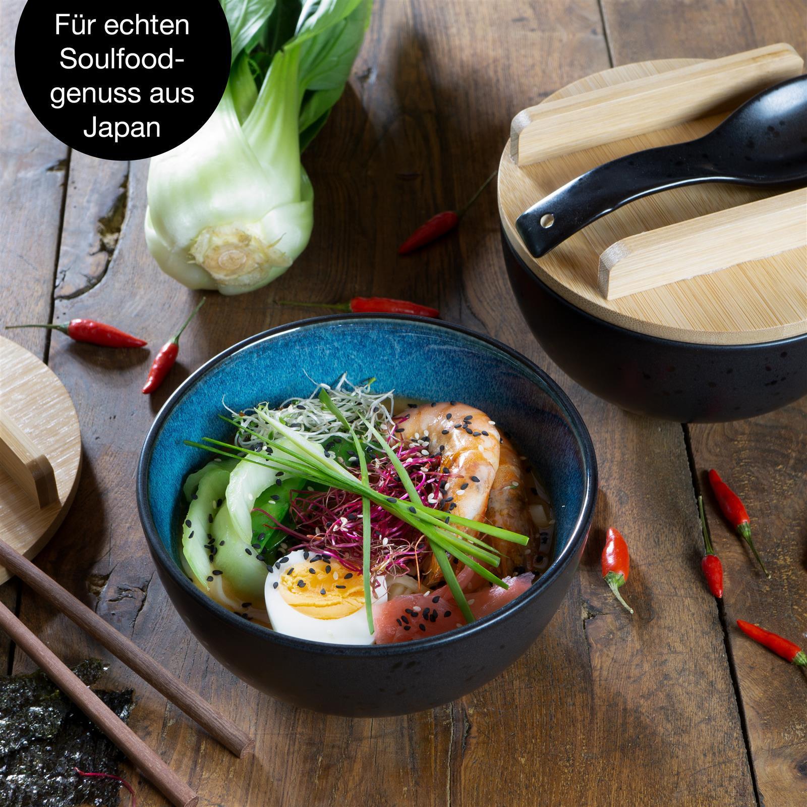 Ramenschale in Blau, Gourmet Ramen Deckel in Blau im 2er Set