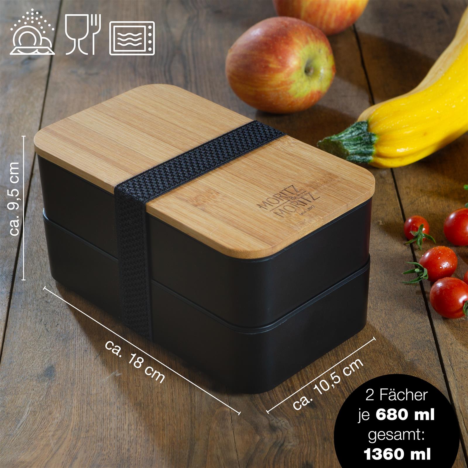 Eine Bento-Box mit verschiedenen appetitlich arrangierten, frischen Sushi-Rollen, hausgemachten Saucen und knackigen Beilagen
