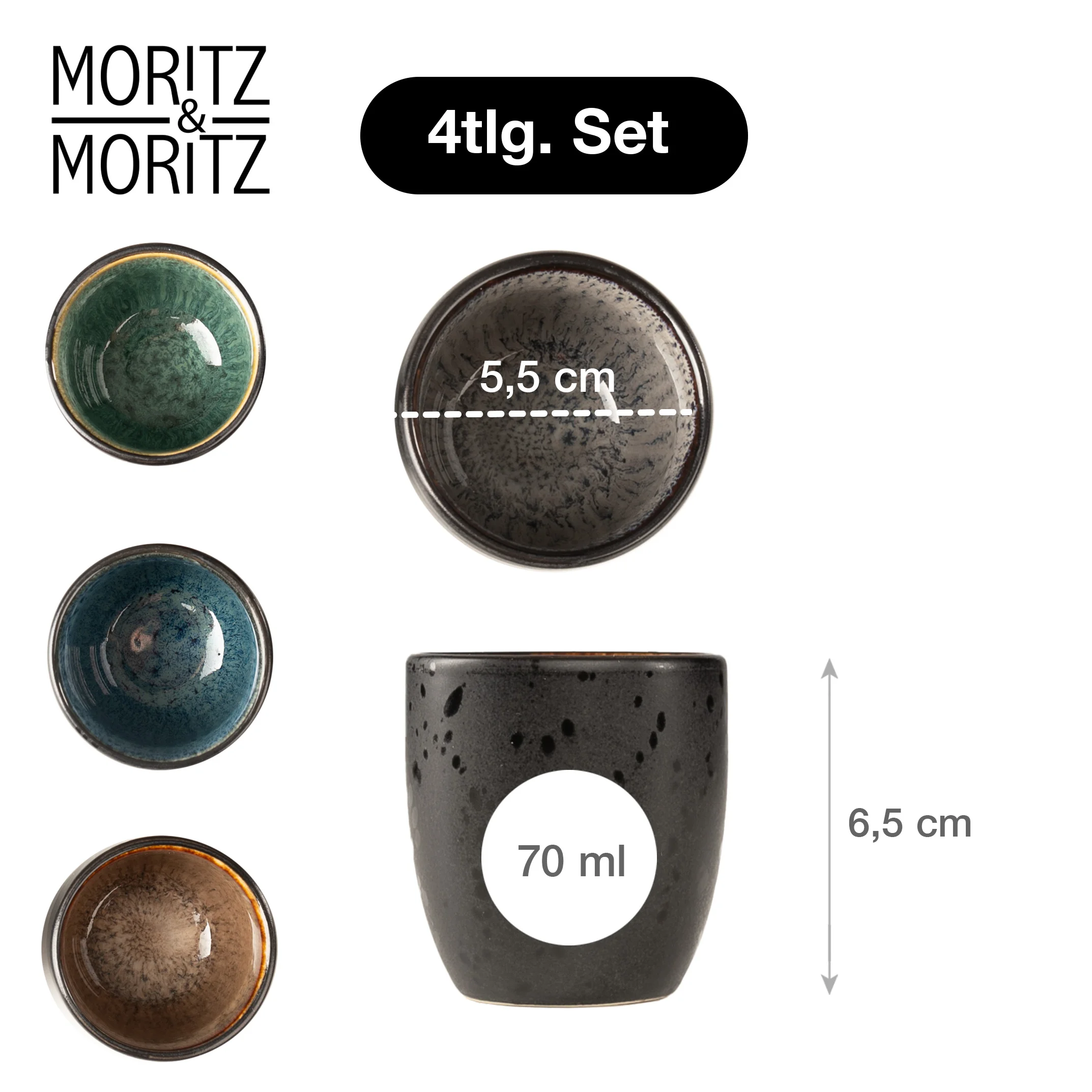 SOLID Espressobecher Set 4-teilig Bunt, Einzelteile ausgelegt