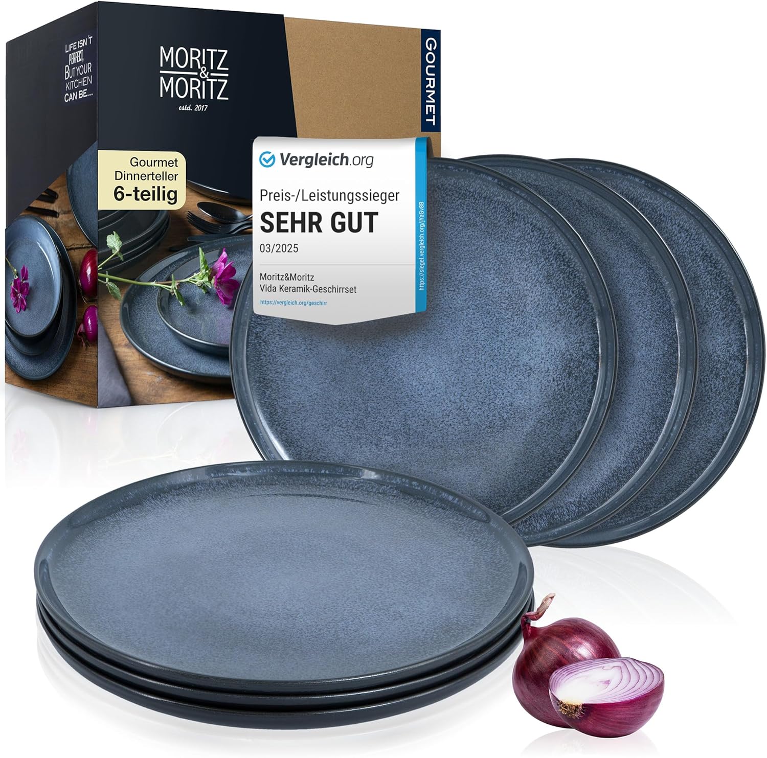 VIDA 6x Dinner Teller blau Geschirr Set, vor weißem Hintergrund