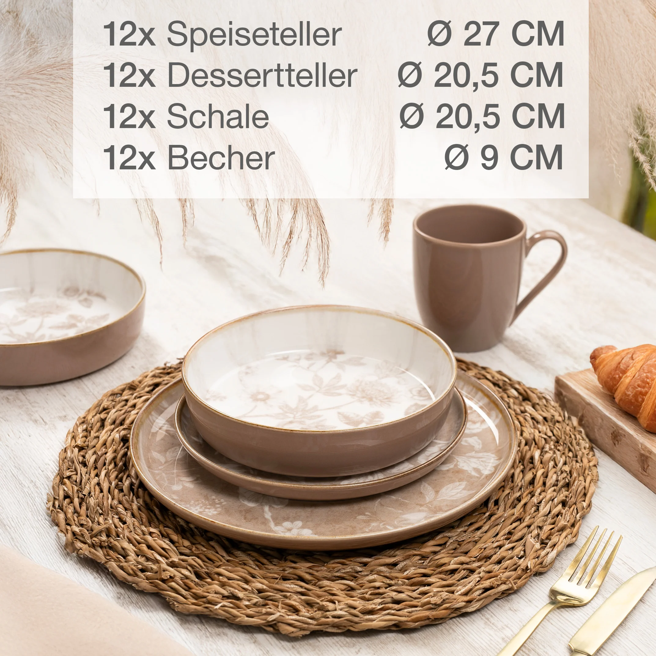 MARIELLA Geschirrset 48-teilig, auf gedecktem Tisch bei Tageslicht