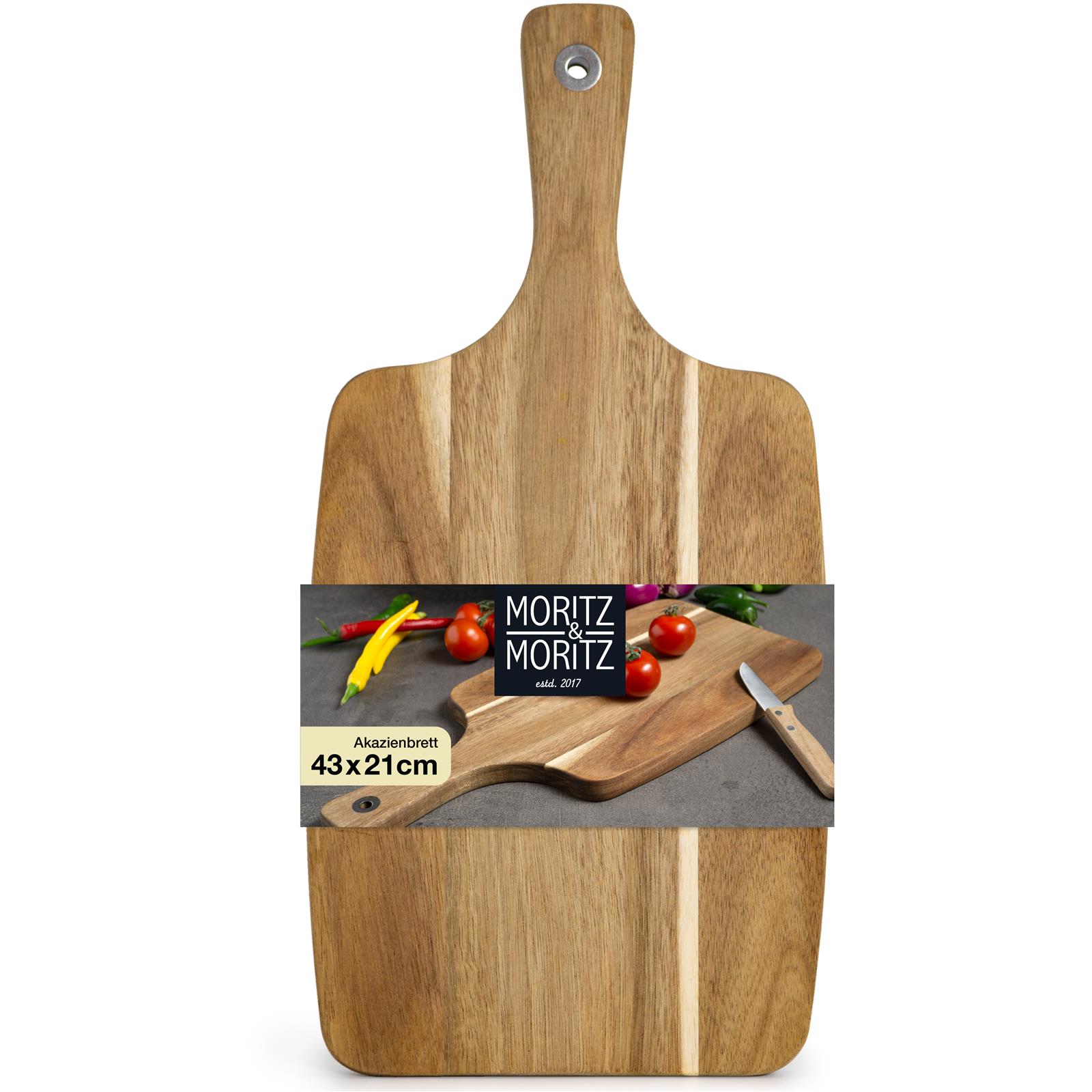 Holzbrett Akazie 43,5x21,5x1,9cm - Hochwertiges Schneidebrett für die Küche Holzbrett aus Akazienholz, rechteckig, Maße 43,5x21,5x1,9cm, rustikales und edles Design, perfekt als Schneidebrett oder Servierbrett.