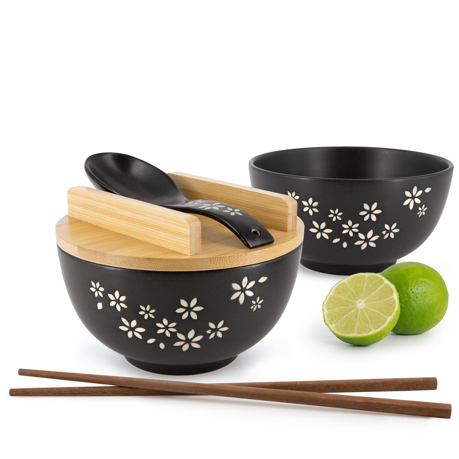 Ramen Schalen Set mit Blumen schwarz inkl. Deckel und Löffel