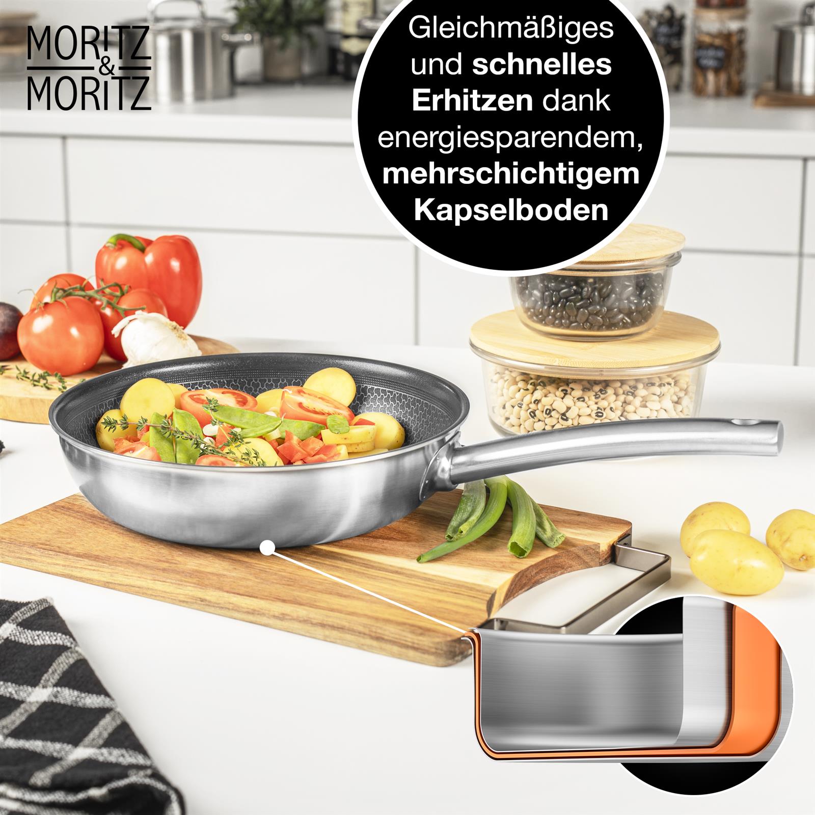 Eine 24 cm Pfanne ohne Deckel mit rundem Rand, in der Hand gehalten