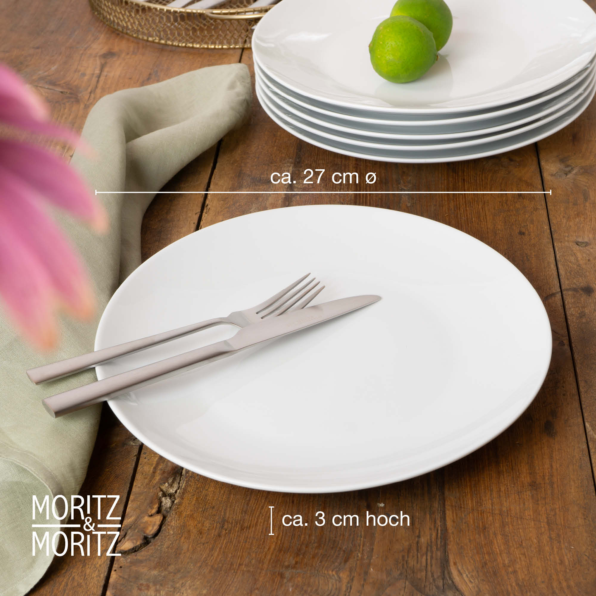 MUM Weiß Feware 6er Set Dinnerteller Bild Bild eines 6er Sets weißer Dinnerteller von Moritz und Moritz, elegant und zeitlos im Design, ideal für formelle Anlässe und Alltagsgebrauch. Hochwertige Keramik mit schlichtem Stil fügt sich nahtlos in jede Tischdekoration ein.