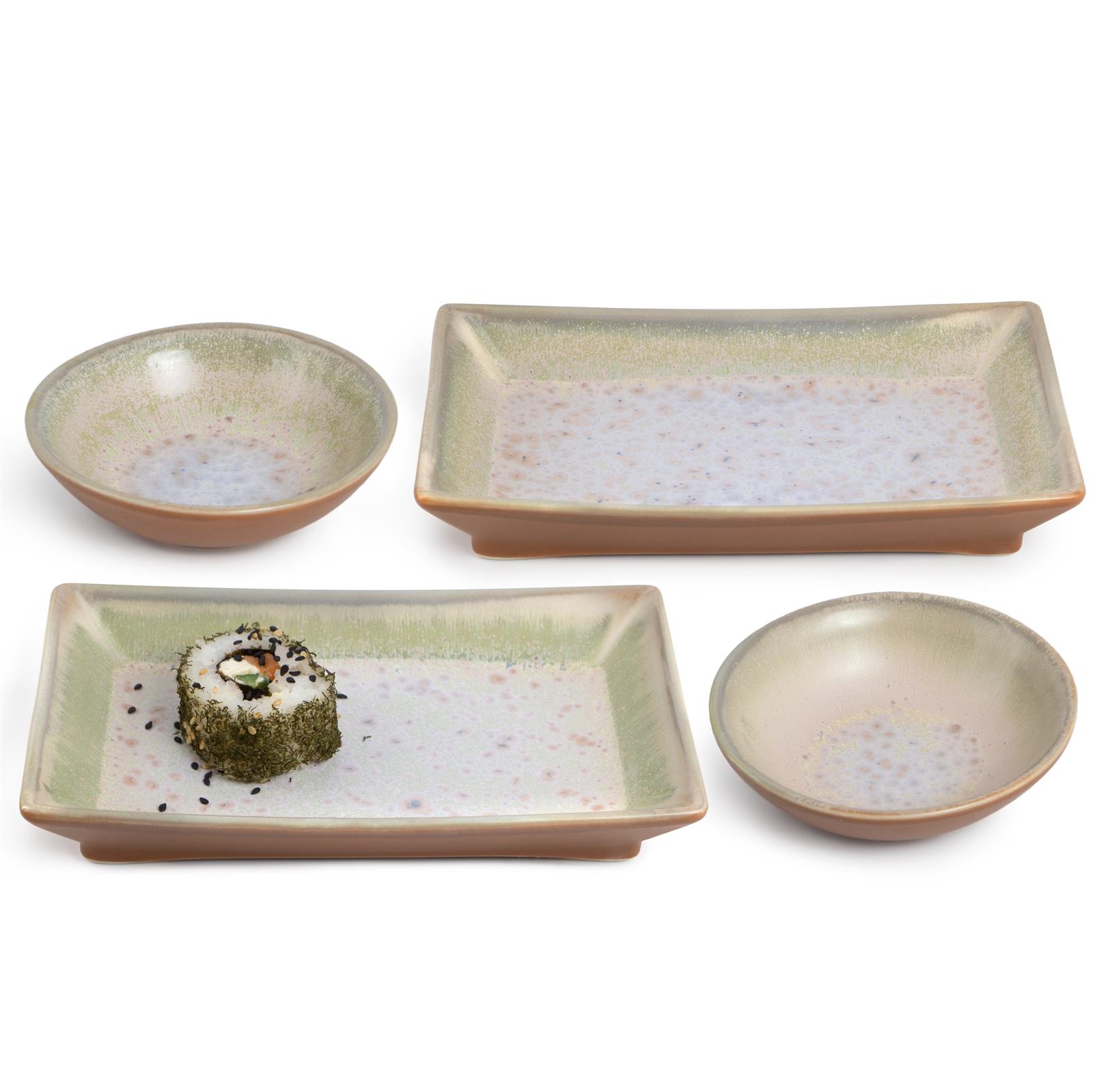 Gourmet Sushi Arrangement mit beige und lila Akzenten auf Teller
