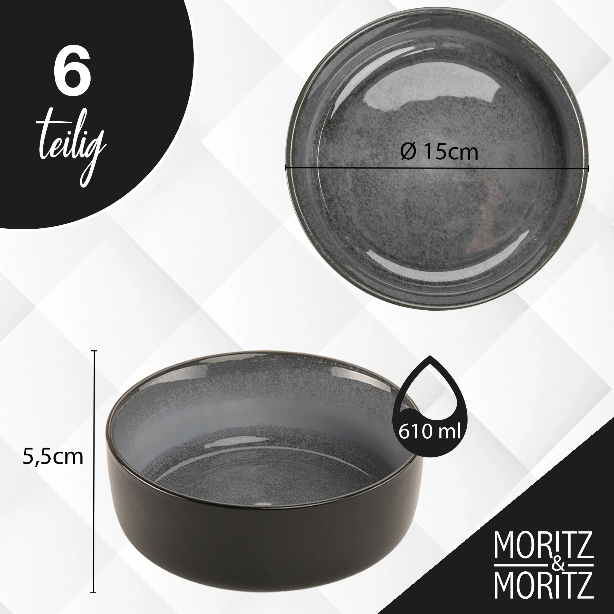 Fünfteiliges Müslischalen-Set aus Keramik in Anthrazit, 6-teilig