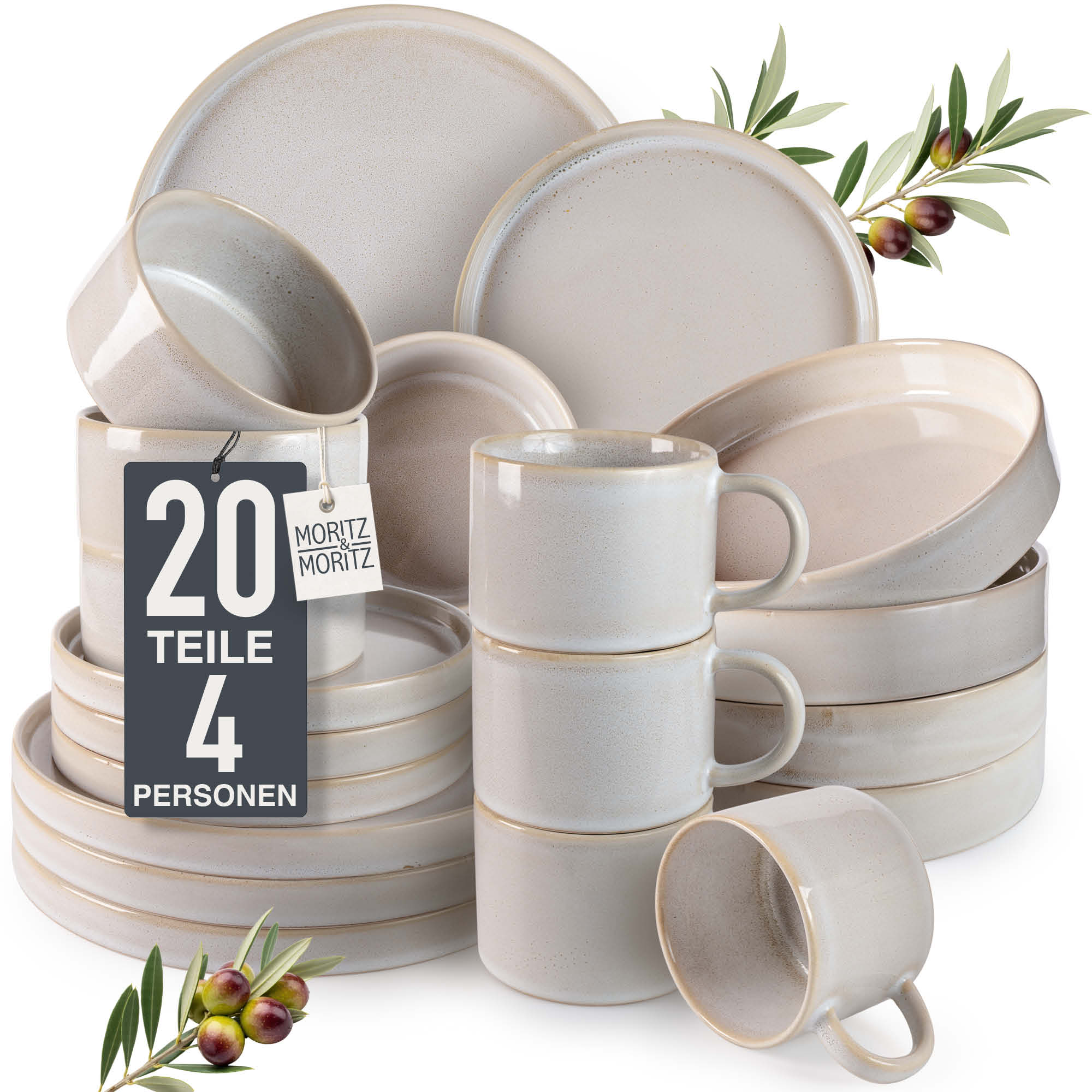 CASTELLO Geschirr Set 20-teilig Beige, schwarzer elektrischer Pfeffermühle in schlankem, Design mit Soft-Touch-Oberfläche