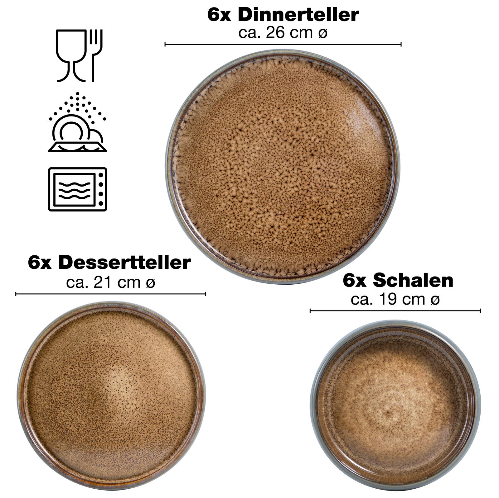 18-teiliges Gourmet-Geschirr-Set in reaktivem Beige, elegant präsentiert auf einem dunkelgrauen Tisch, bestehend aus flachen, tiefen und kleinen Tellern in stilvollem Design.