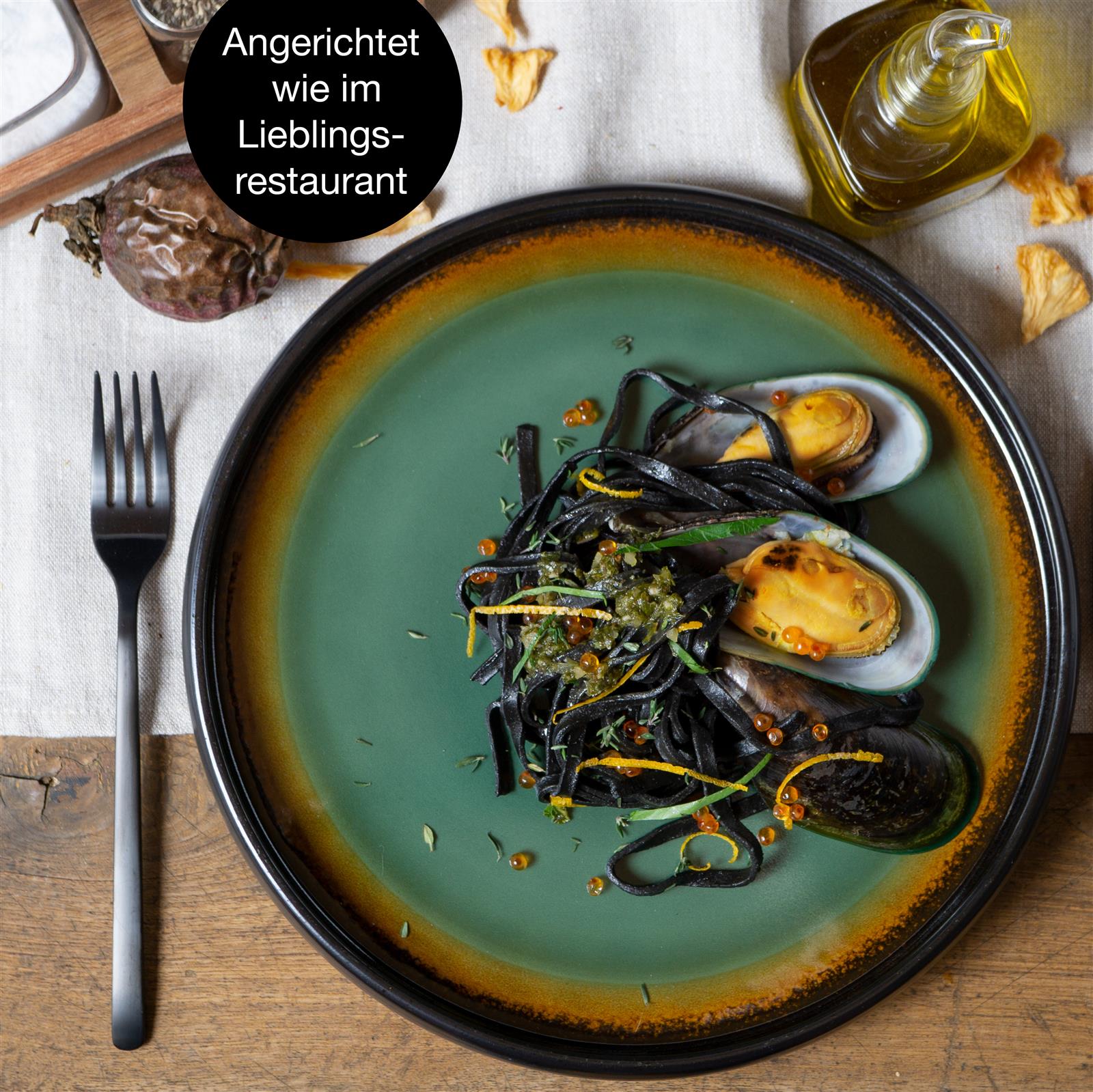 4-teiliges Gourmet-Dinner-Teller-Set in reaktivem Grün-Braun, Keramikdesign für gehobene Tischdekoration