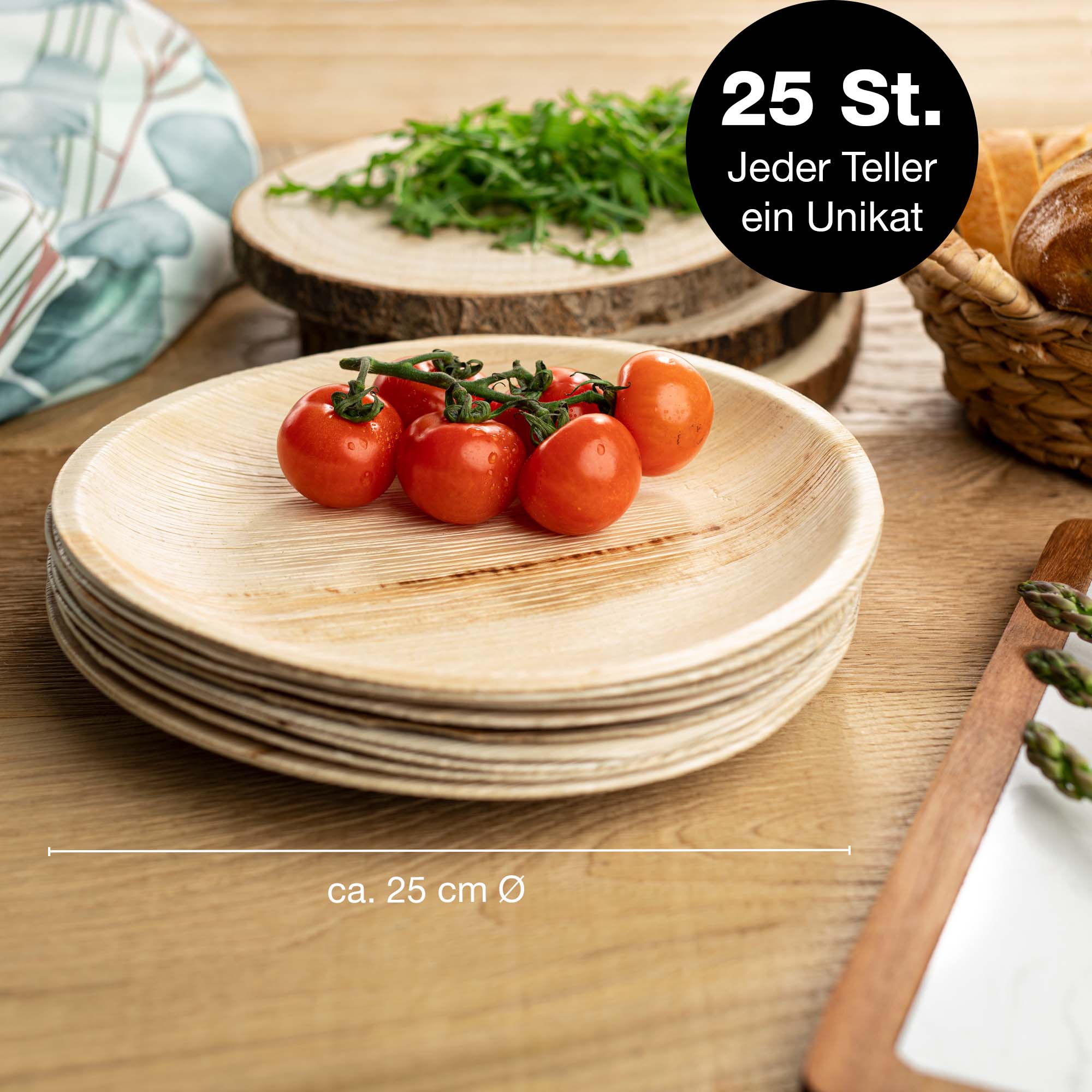 Runde Palmblatt Teller Set 25cm - 25-teilig umweltfreundliches Einweggeschirr Rundes Palmblatt-Tellerset, umweltfreundlich, 25 cm Durchmesser, 25 Stück, biologisch abbaubar, nachhaltiges Geschirr, ideal für umweltbewusste Veranstaltungen und Partys