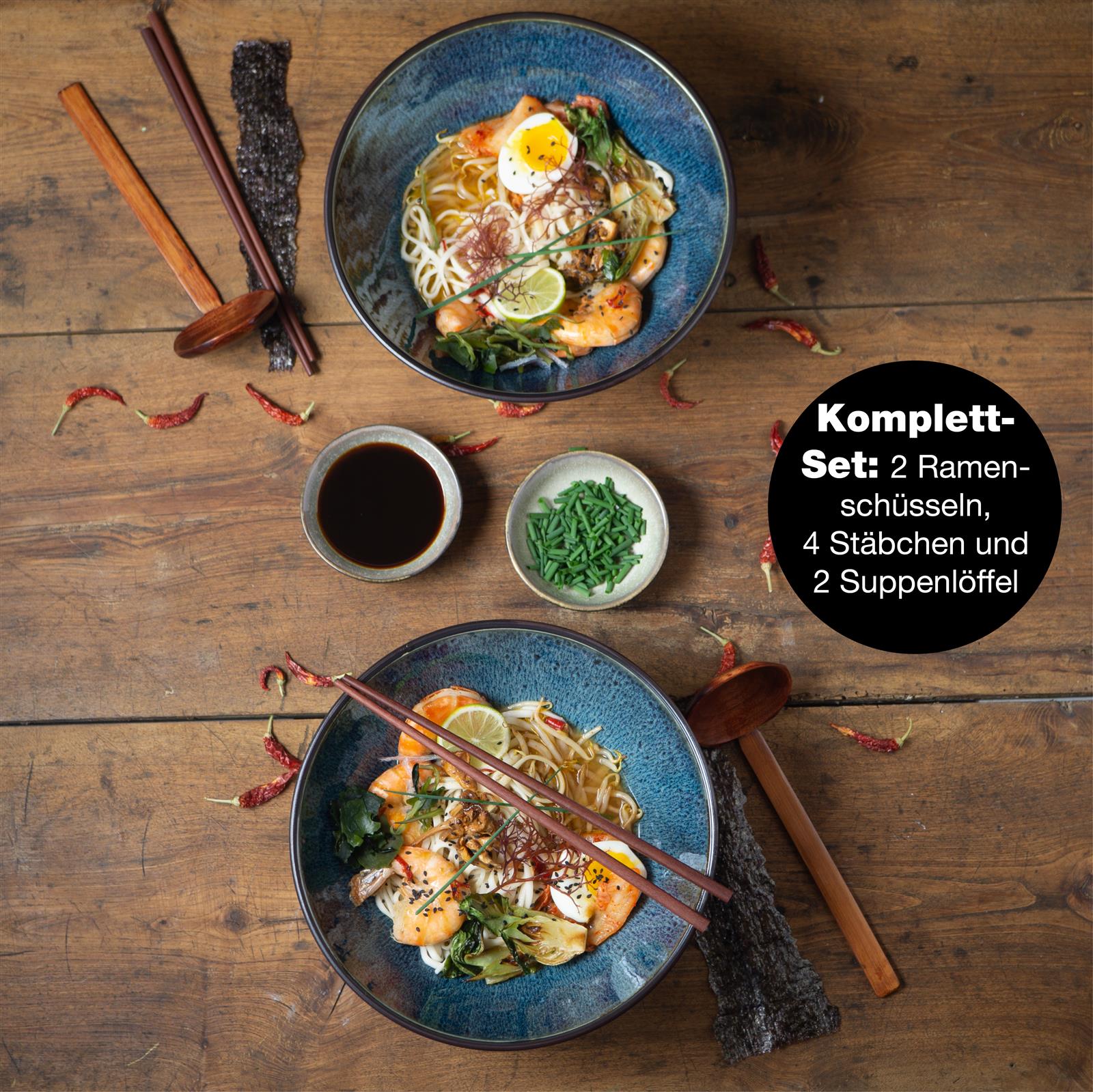 Ramenschale in Blau, Blaues 2er-Set Gourmet Ramen Schalen mit dekorativen Rillen, Geschirr für asiatische Küche