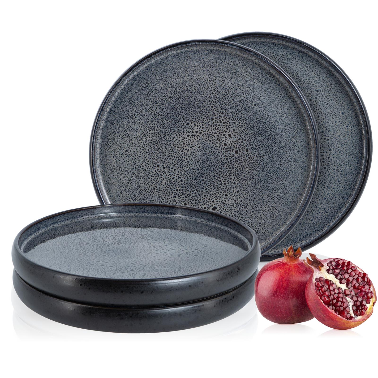 SOLID 4x Dinner Teller grau Geschirr Set Reaktiv, gourmet-Dinner-Teller-Set in Grau, auf gedecktem Tisch bei Tageslicht