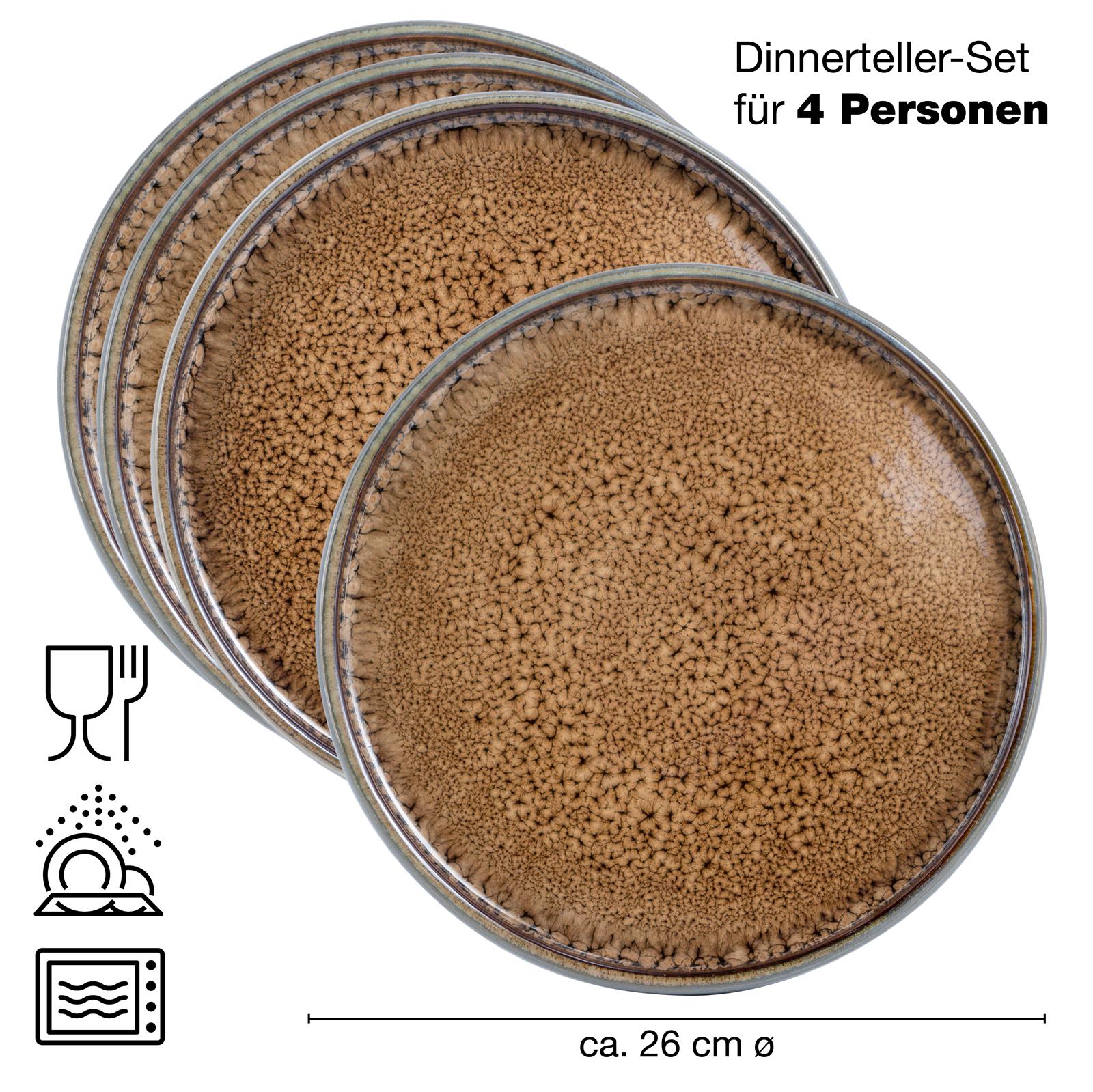 4-teiliges Gourmet-Dinner-Teller-Set in reaktivem Beige, arrangiert auf einem Holztisch