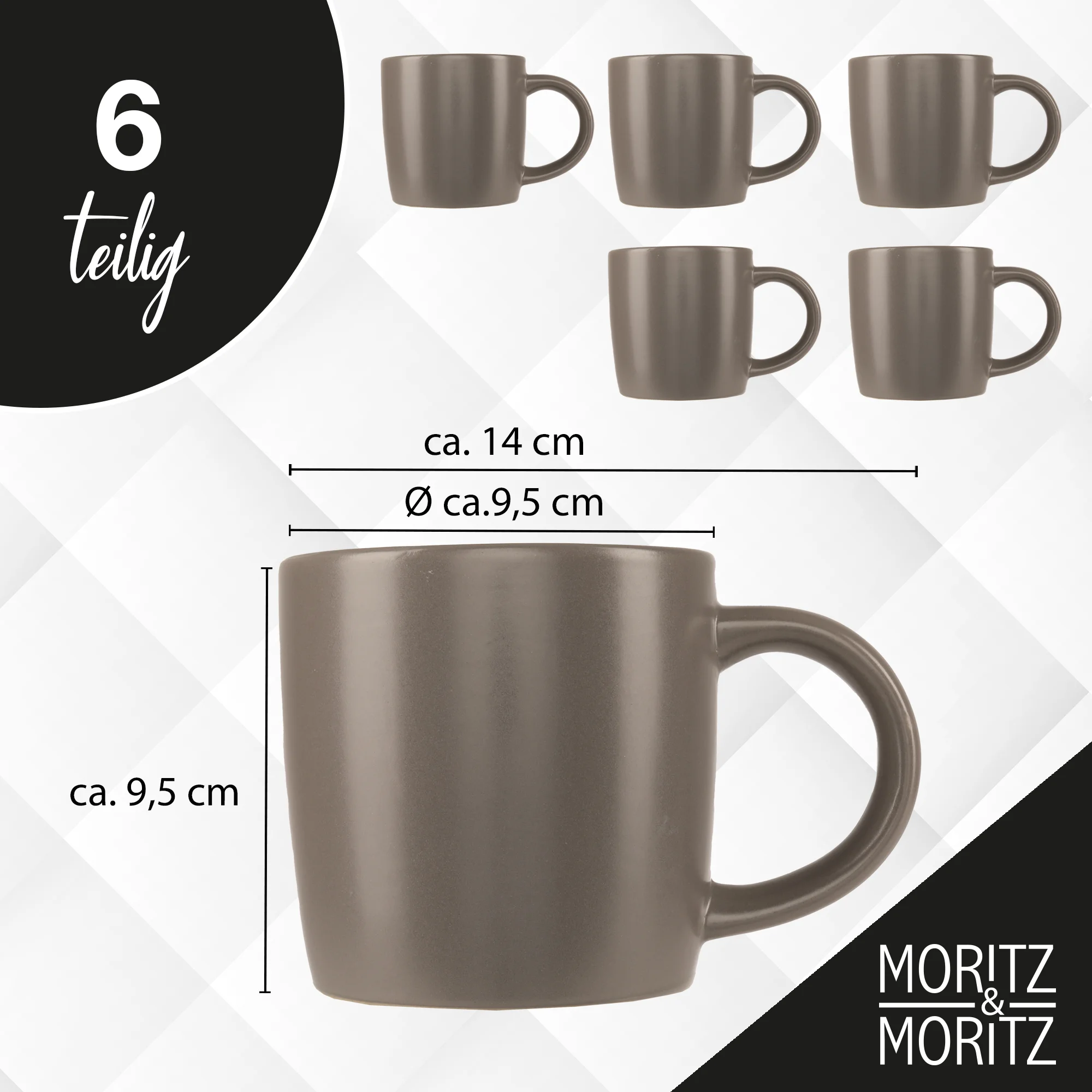 Sechsteiliges Set grauer Nordic-Kaffeetassen mit passendem Unterteller, aus Keramik, auf hellem Untergrund arrangiert