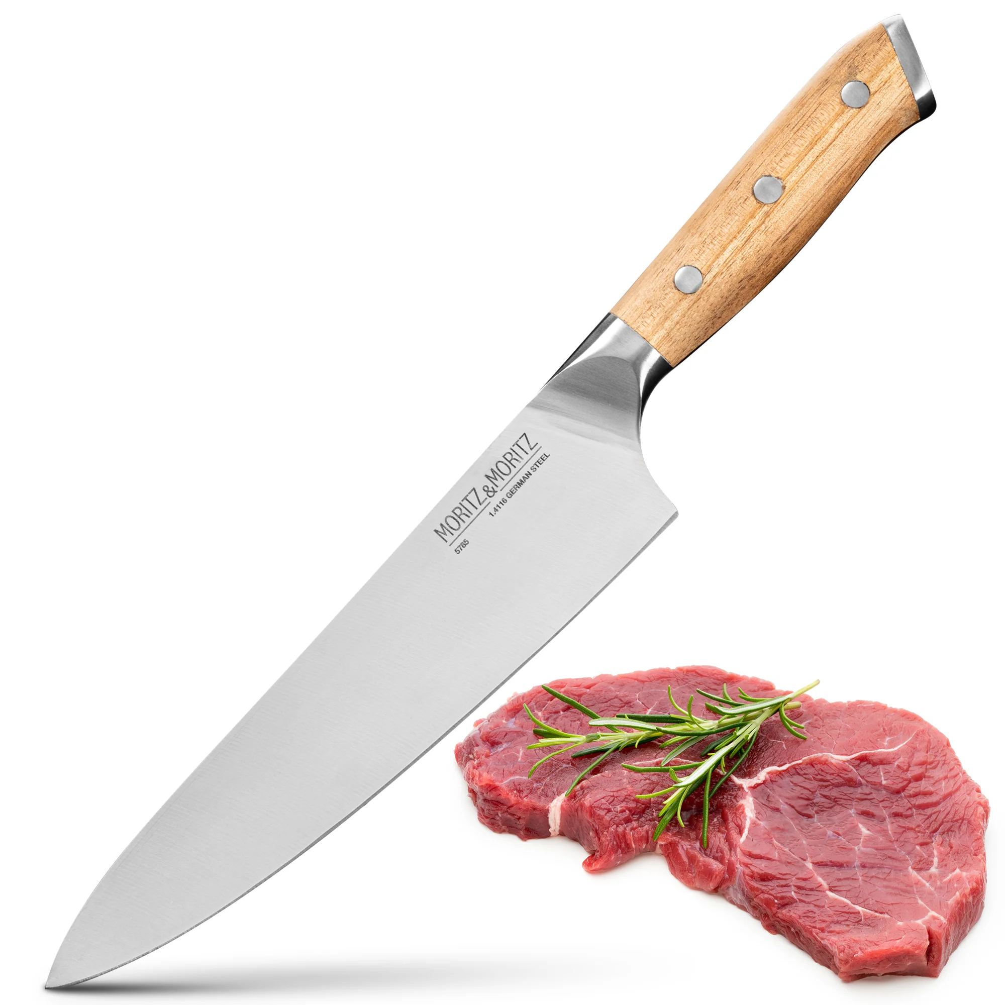 Kochmesser mit 20 cm langer Klinge aus Edelstahl, ergonomischem schwarzen Griff und leicht gebogener Schneide