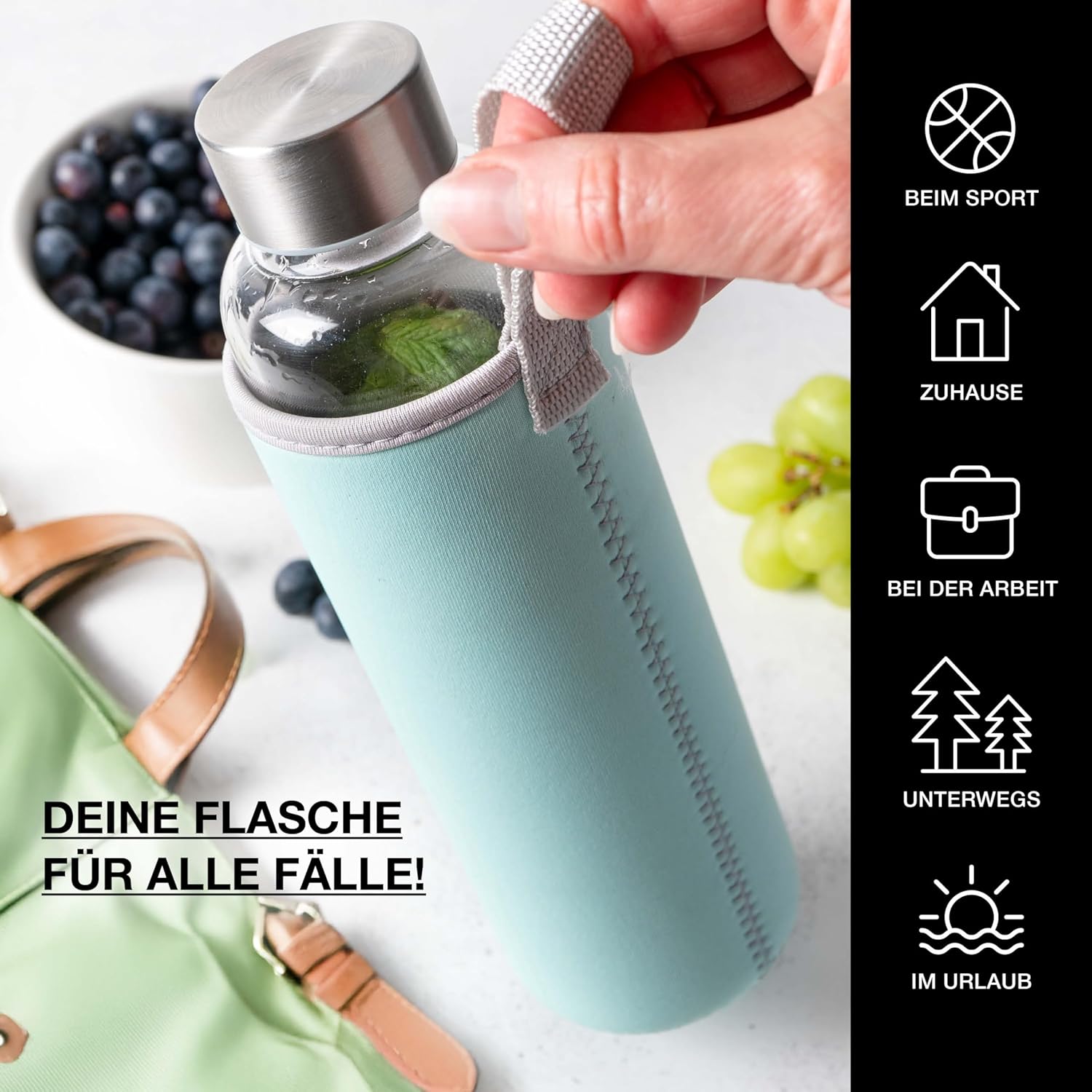 Trinkflasche Glas 500ml (Blau/Grau)