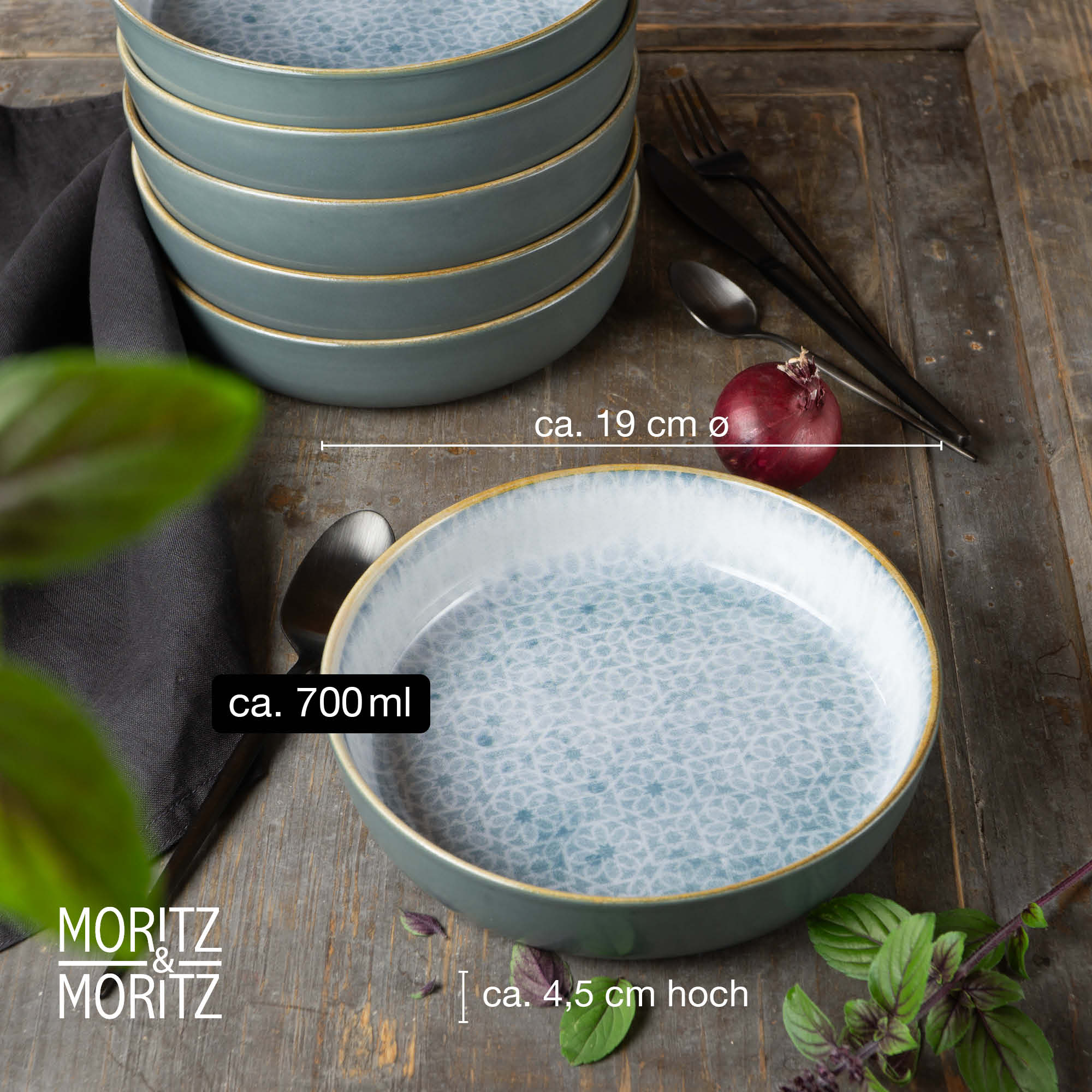 6-teiliges Set mediterrane blaue Suppenteller von Moritz und Moritz mit detailreichem Design und robustem Material, perfekt für stilvolle Tischdekoration.