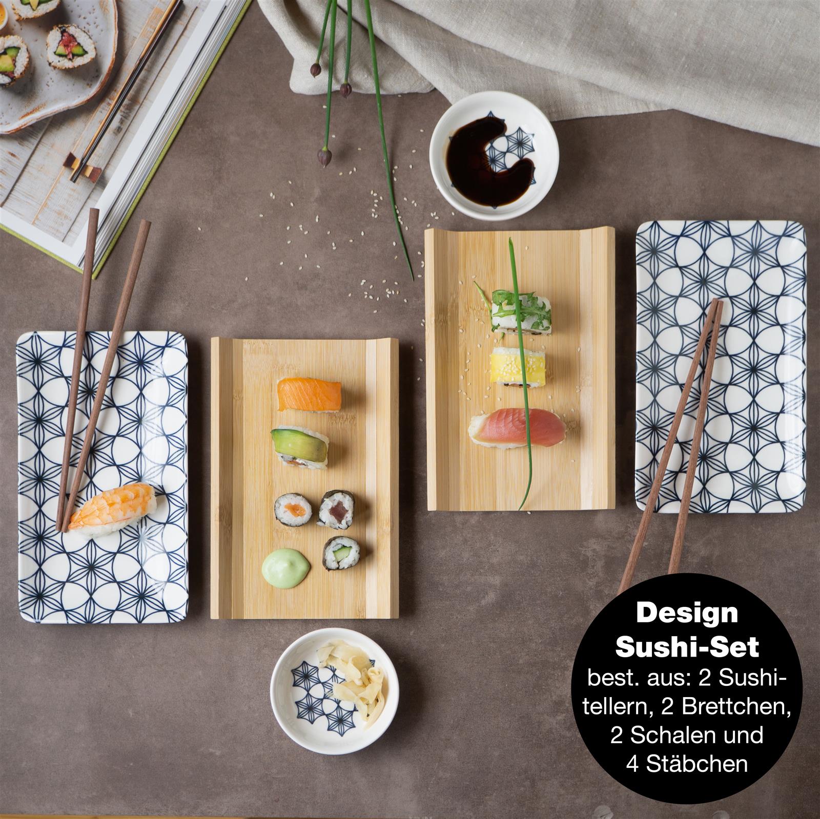 Sushi-Geschirr in Blau, Sechsteiliges Gourmet Sushiset mit blauen Blumenmuster auf Geschirr, bestehend aus Schalen