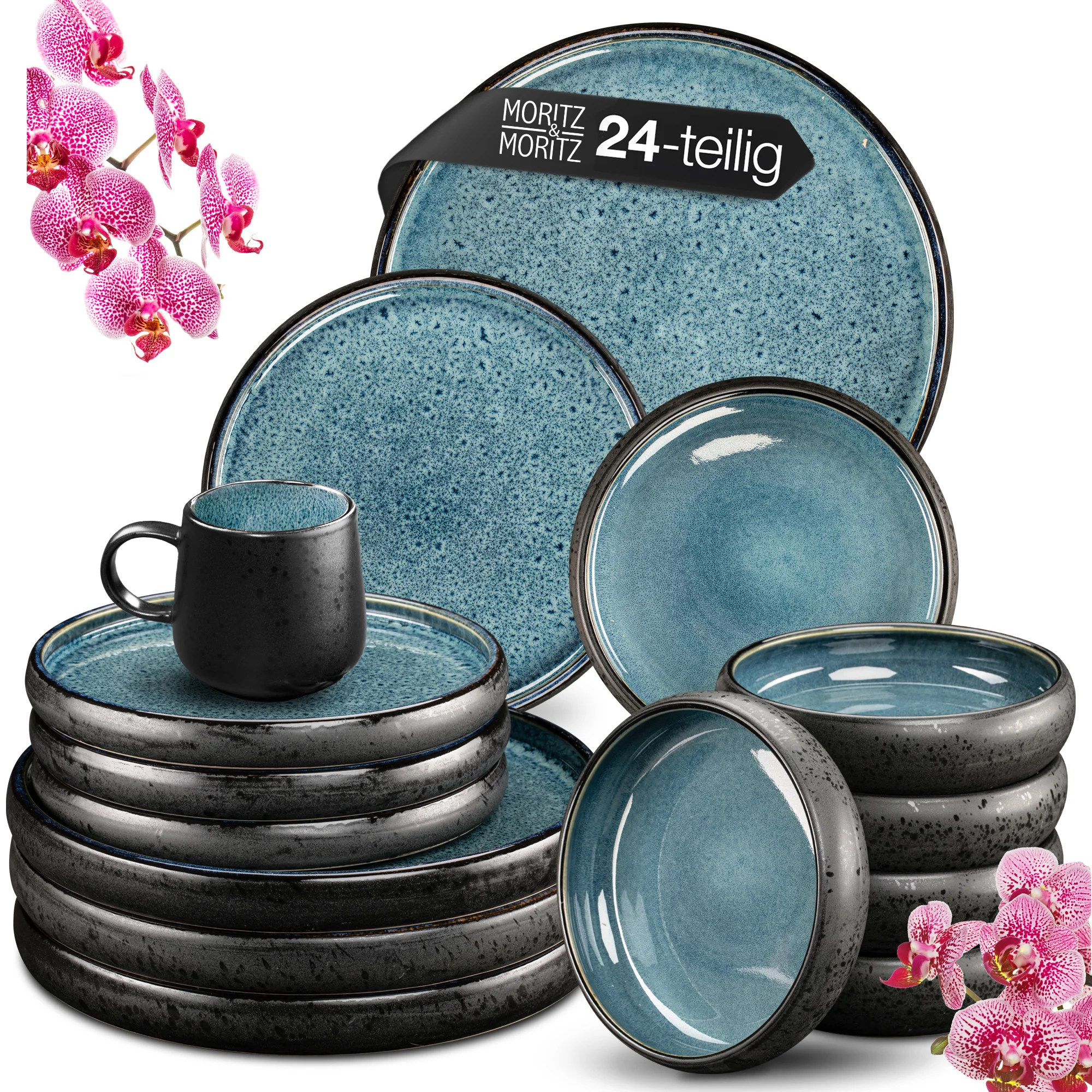 SOLID Geschirr Set 24-teilig Reaktiv blau, komplett vor weißem Hintergrund
