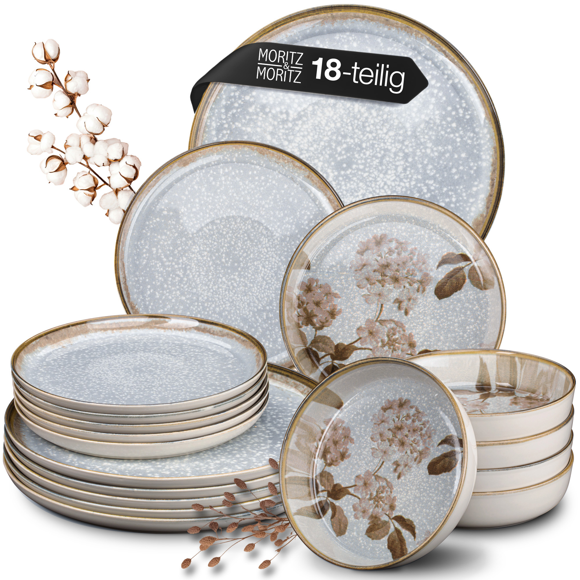 BLOSSOM 18-teilig Geschirr Set, ein angerichtetes Antipasti-Set auf einem schwarzen Schieferbrett mit verschiedenen
