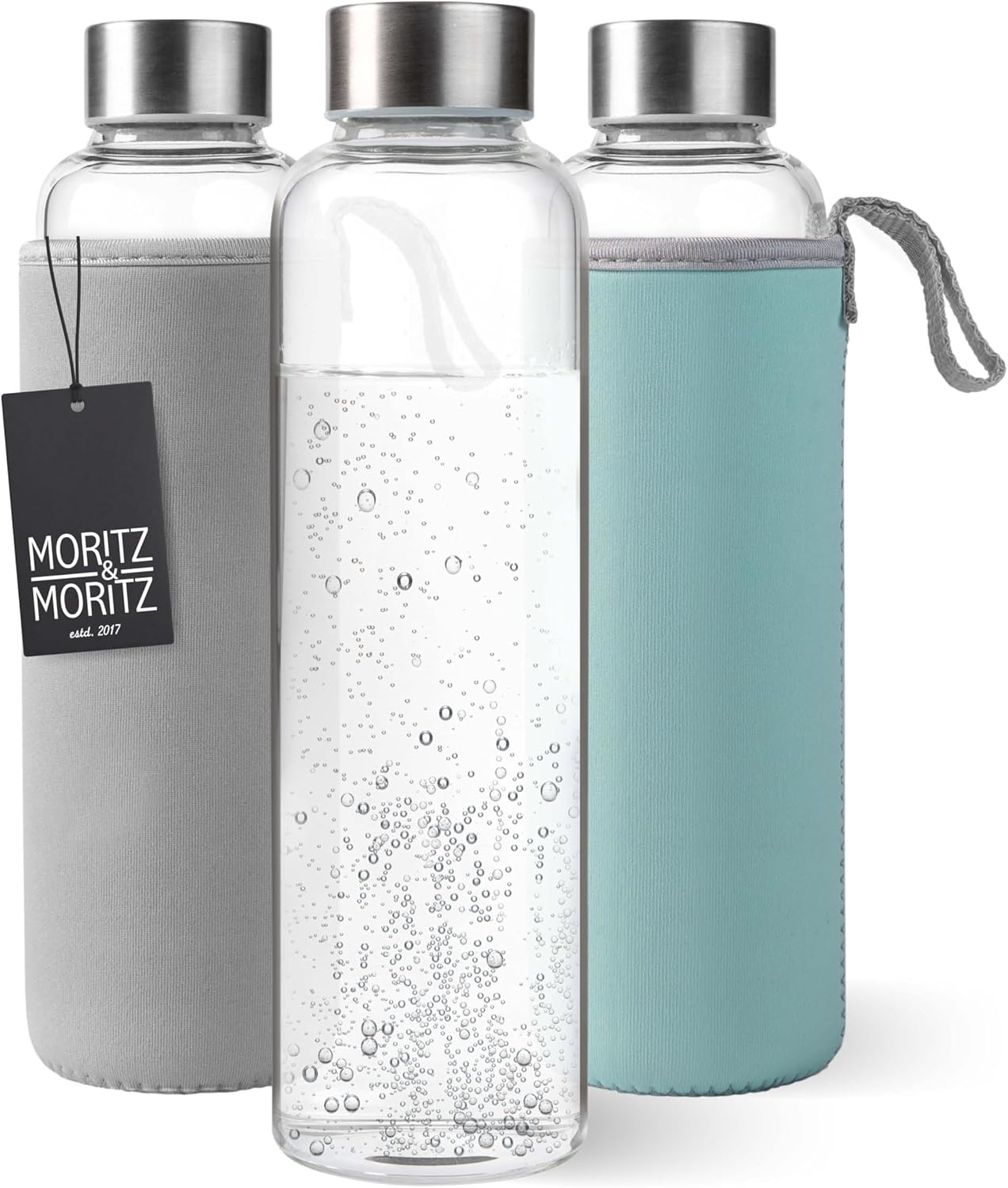 Trinkflasche Glas 500ml (Blau/Grau), vor weißem Hintergrund