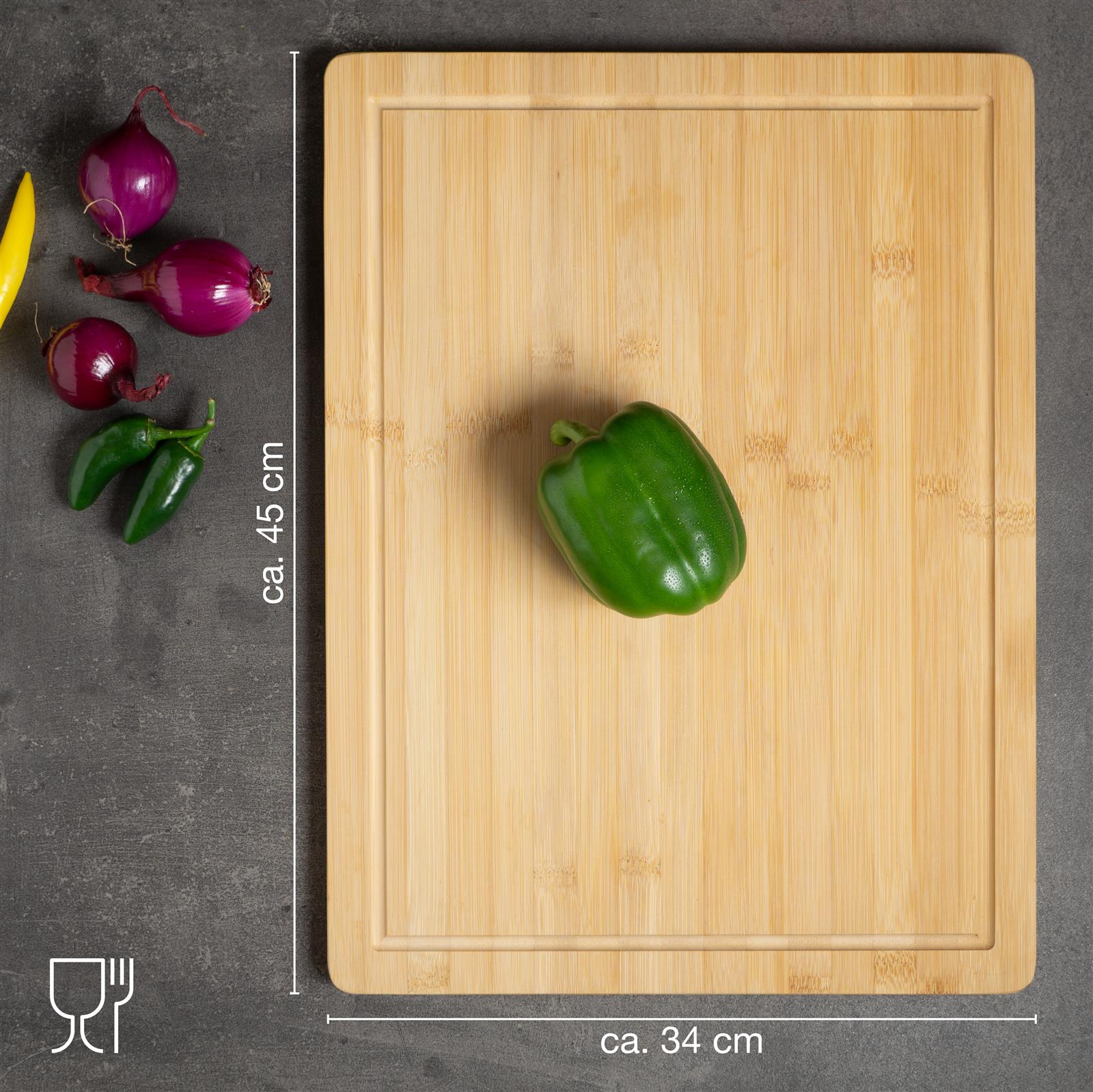 Holzschneidebrett aus Bambus 45x34cm – robust und umweltfreundlich Holzbrett aus Bambus, 45x34x1,9cm, mit natürlicher Maserung und glatter Oberfläche, ideal für Küchenarbeiten. Perfekt als Schneidebrett oder Servierplatte. umweltfreundlich und langlebig.