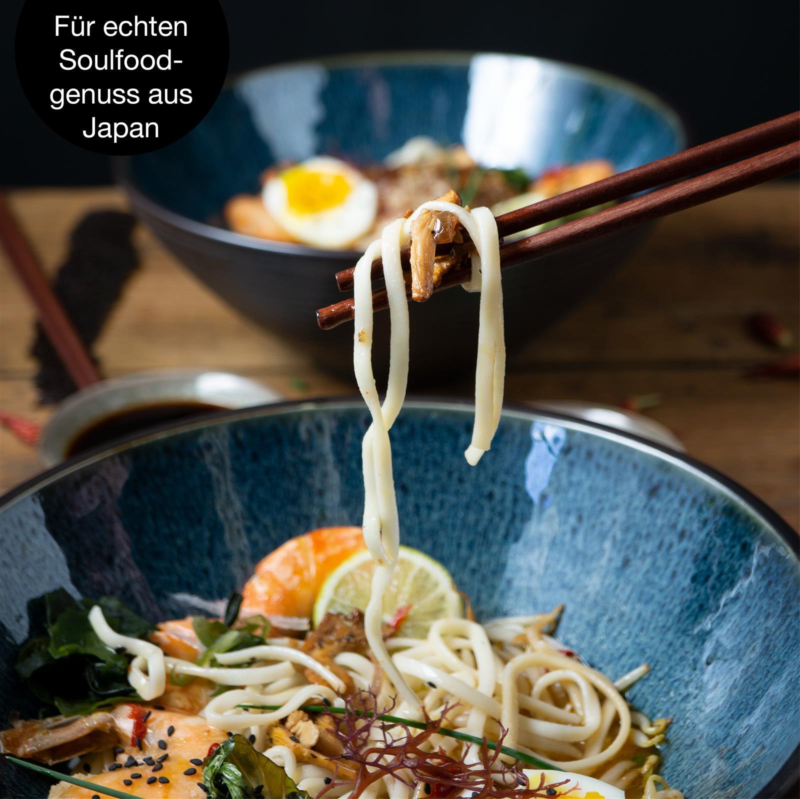 Ramenschale in Blau, Zwei blaue Gourmet-Ramen-Schalen mit Rillenmuster, 2-teilig