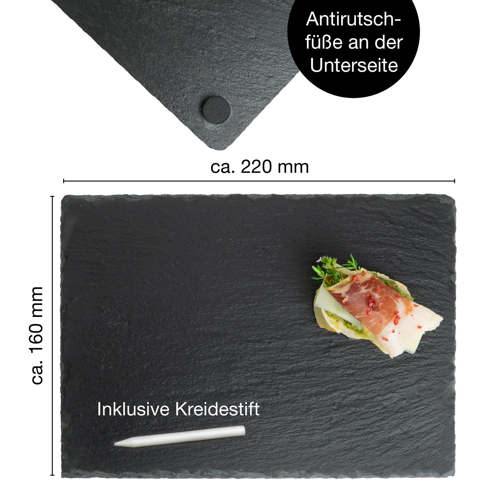 Runde Servierplatte aus dunklem Schiefer mit mehreren Bündeln frischem Thymian, dekorativ gebunden mit Jutegarn