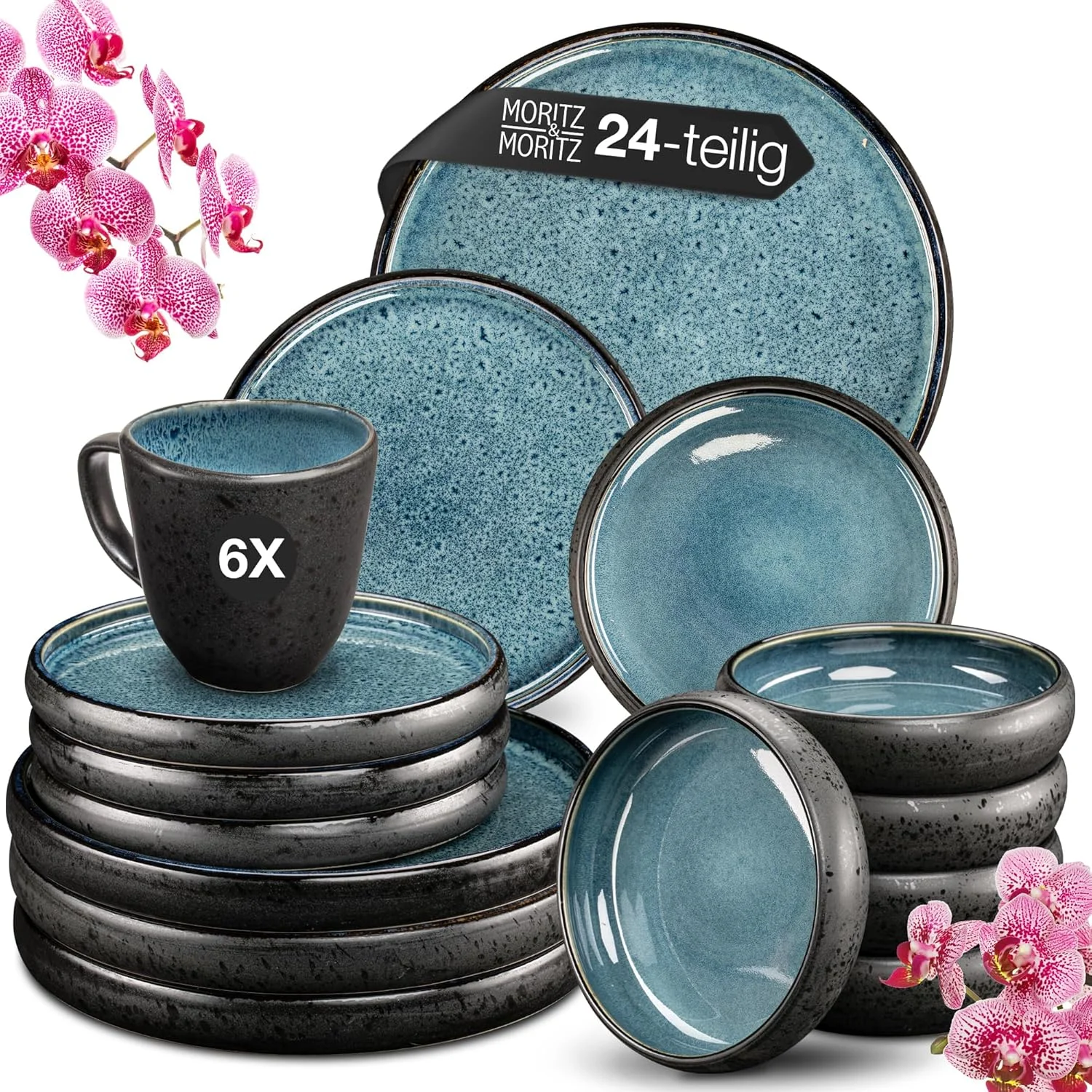 SOLID 24tlg Tafel Service blau Geschirr Set Reaktiv