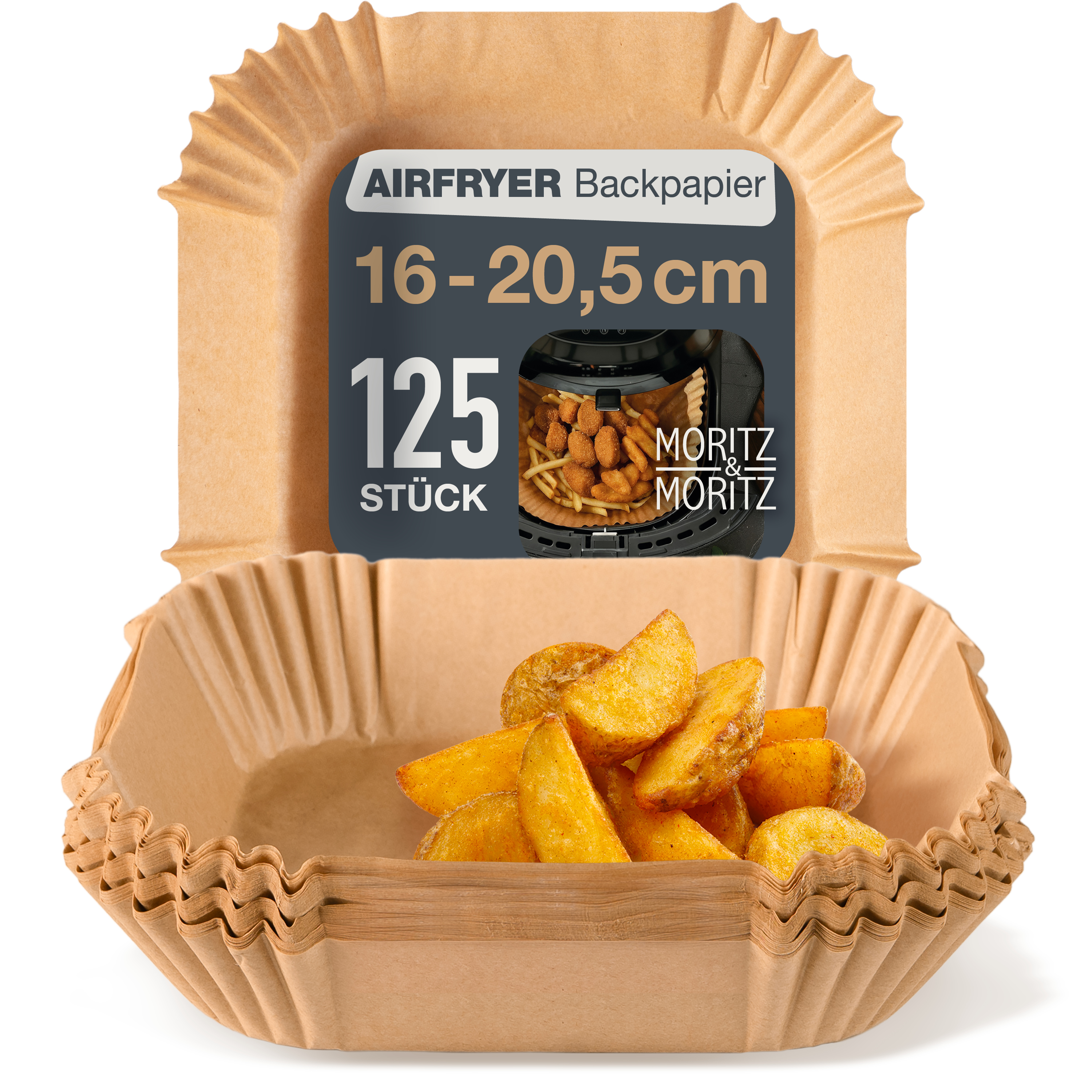 Airfryer Backpapier Eckig 16x16 cm (unten 16 cm, oben 20,5 cm), vor weißem Hintergrund