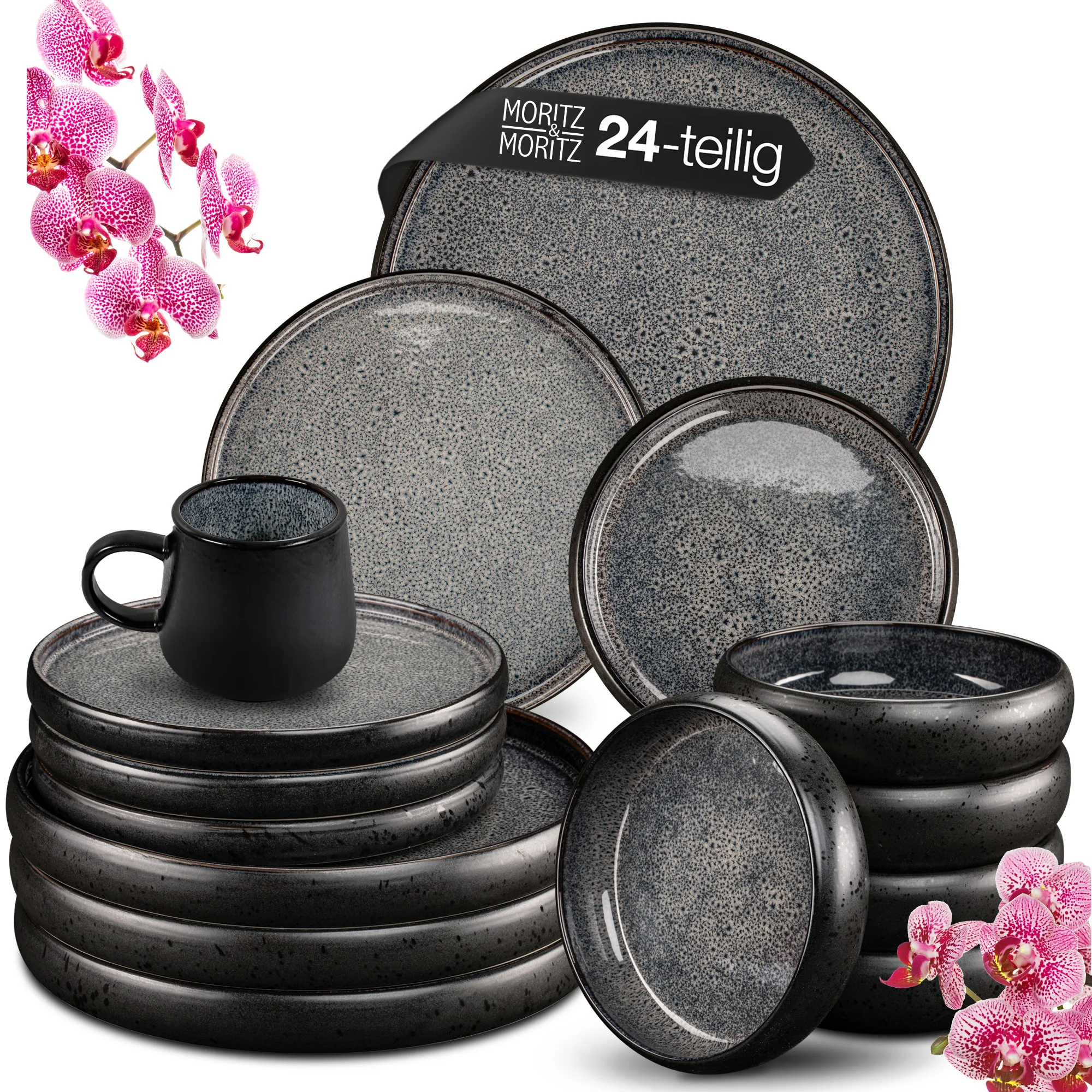 SOLID Geschirr Set 24-teilig Reaktiv Grau, auf gedecktem Tisch bei Tageslicht