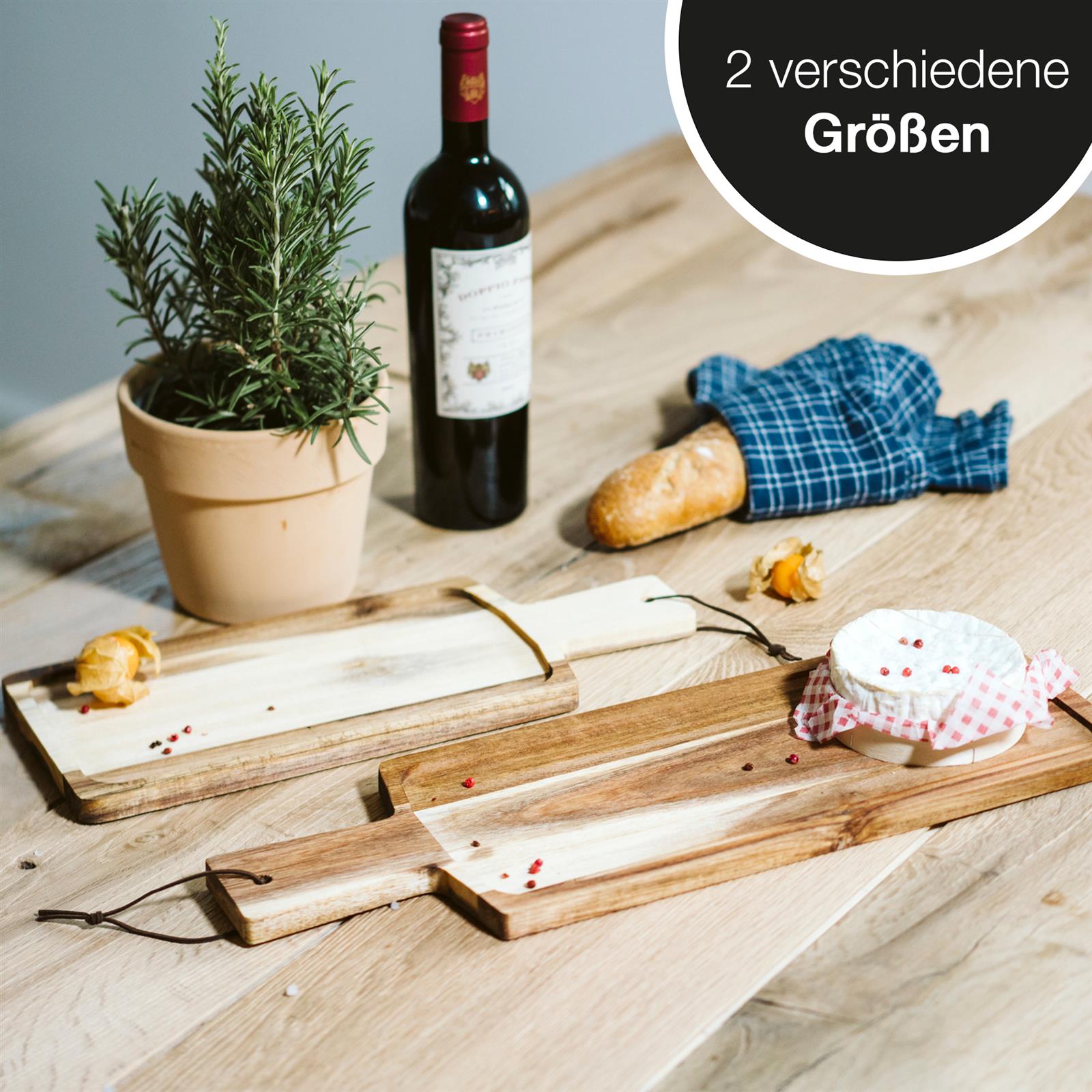 2er Set Schneidebretter aus Akazienholz, hochwertig verarbeitet, geeignet für Küche und Servieren, natürliches Design, robust und langlebig.