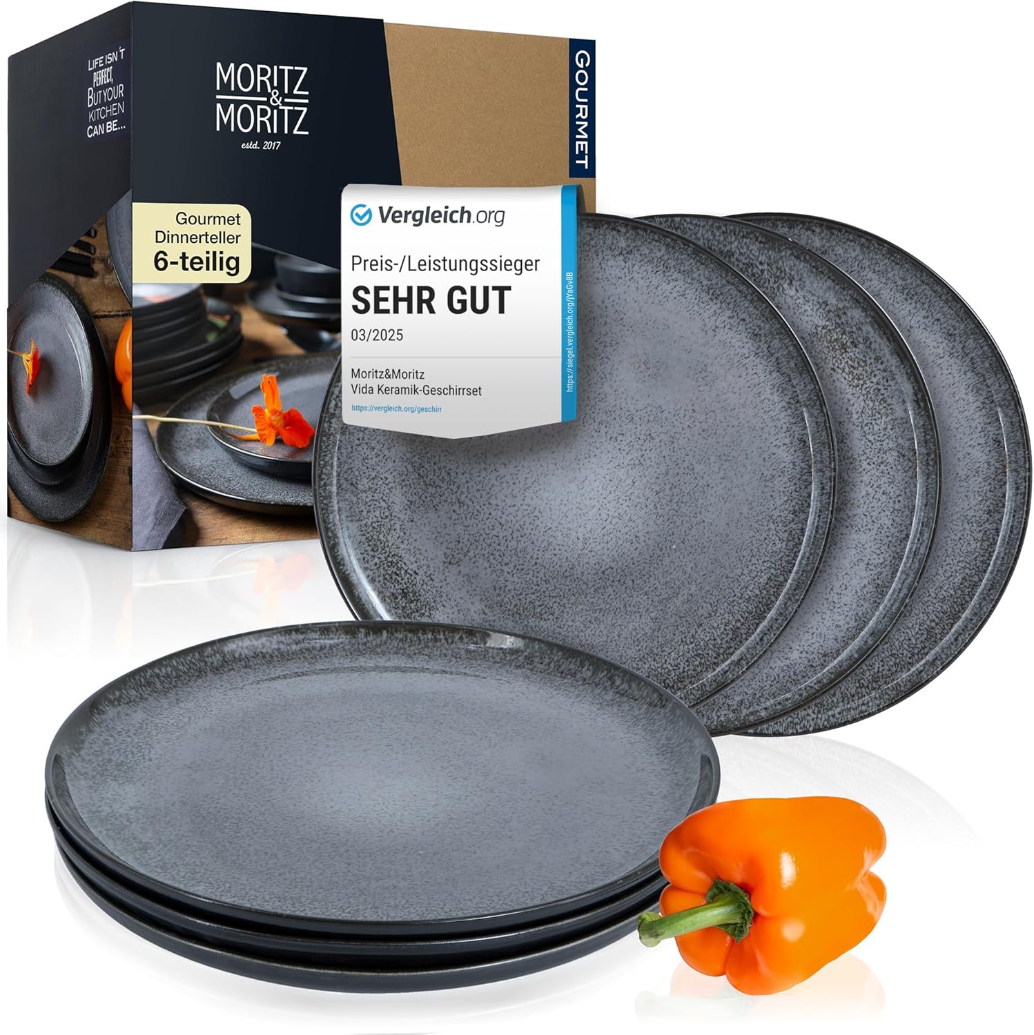 VIDA 6x Dinner Teller anthrazit Geschirr Set