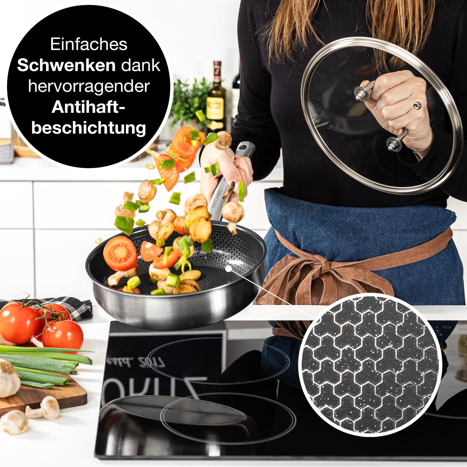 Pfanne mit Deckel, 24 cm Durchmesser und geradem Rand, Produktfoto in hoher Auflösung, aus Edelstahl