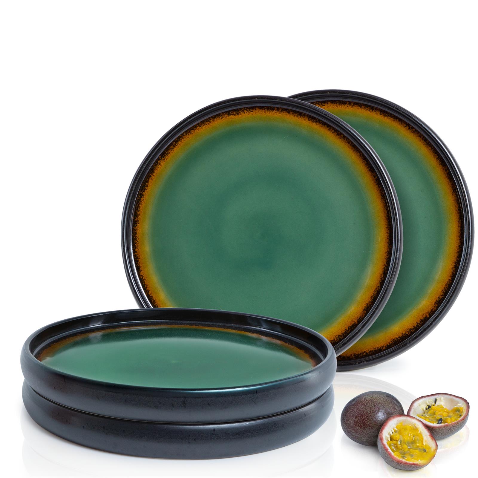 4-teiliges Gourmet-Dinner-Teller-Set in reaktivem Grün und Braun, präsentiert auf einem Tisch