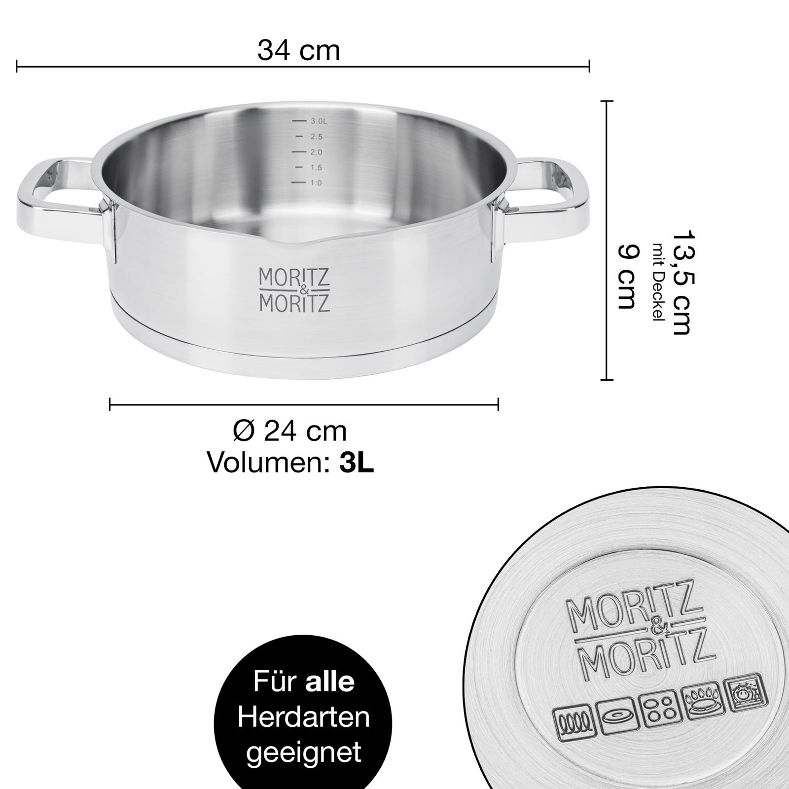 Servierpfanne mit Deckel aus Edelstahl, Durchmesser 24 cm, ideal für gleichmäßiges Braten und Schmoren, abgebildet auf weißem Hintergrund. Langlebiges Kochgeschirr mit robustem Design und praktischem Deckel zur besseren Wärmeverteilung. Perfekt für die Zu