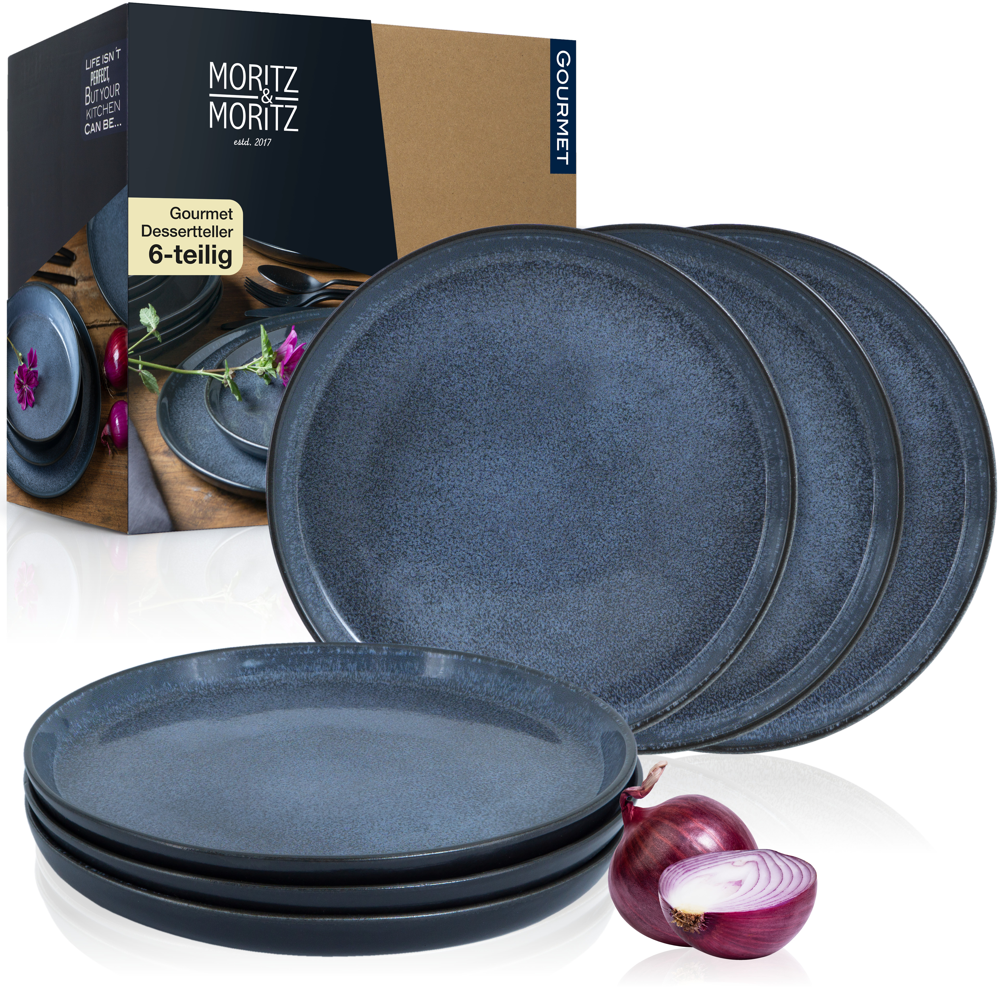 VIDA Dessertteller Set 6 Stück – Blau Ø 20 cm, vor weißem Hintergrund