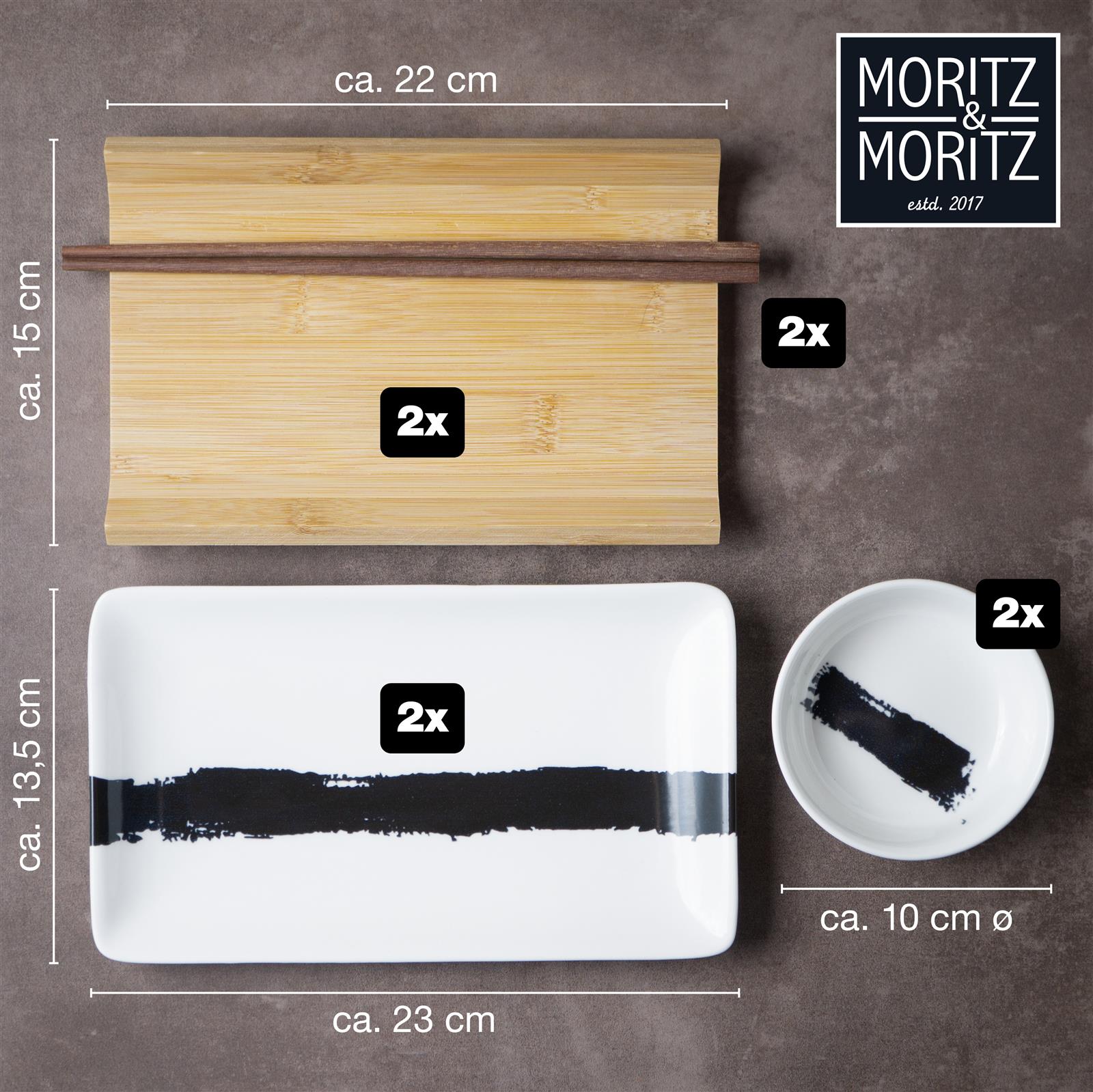 Sushi-Geschirr in Schwarz, 6-teiliges Gourmet Sushi Set in Pinselstrich-Design