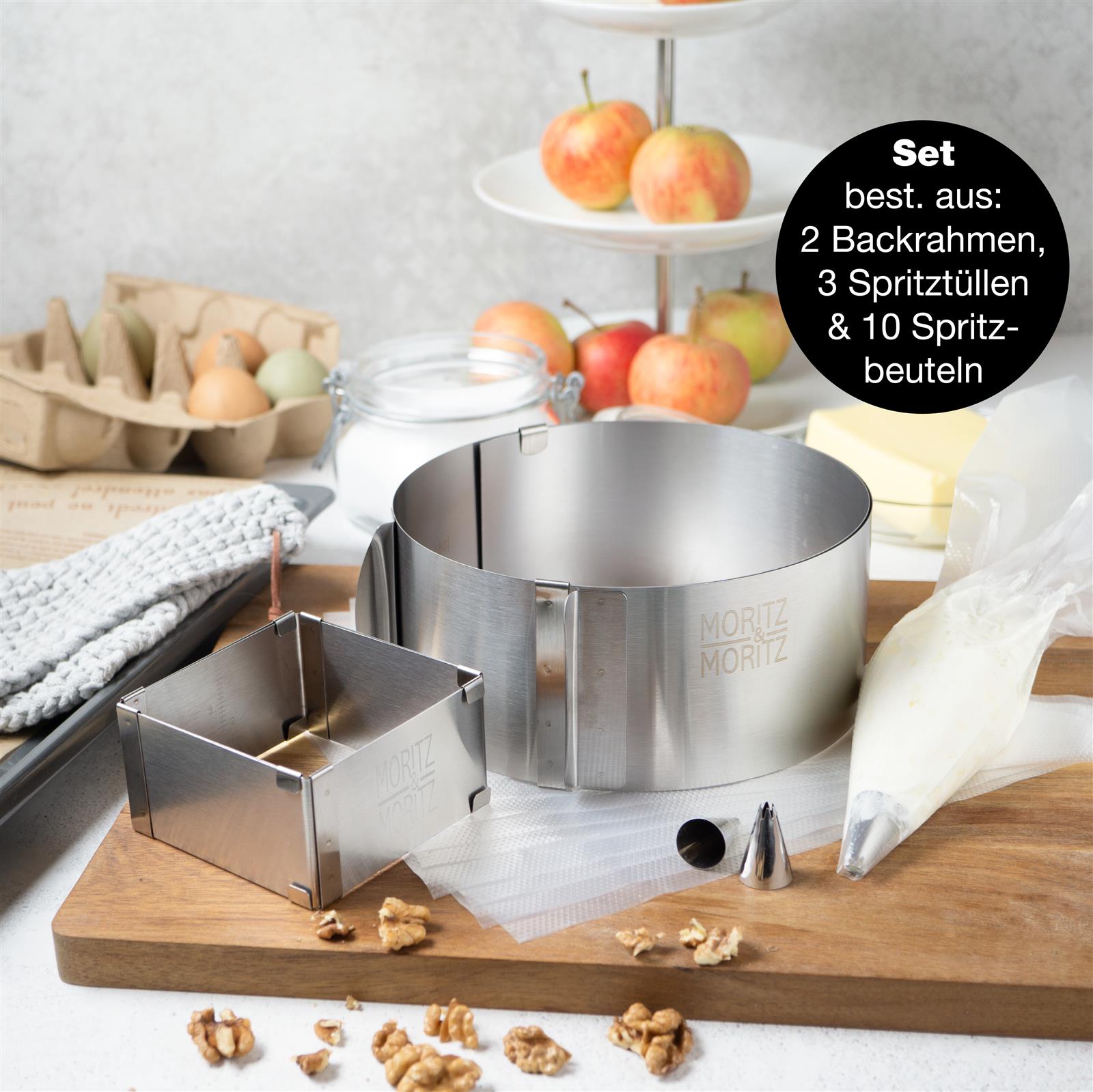Backrahmen Set aus Edelstahl für perfektes Backen und Dekorieren Backrahmen-Set aus Edelstahl in rechteckiger Form mit verstellbaren Seiten und Skala, ideal zum Backen von Kuchen und Torten in variablen Größen.