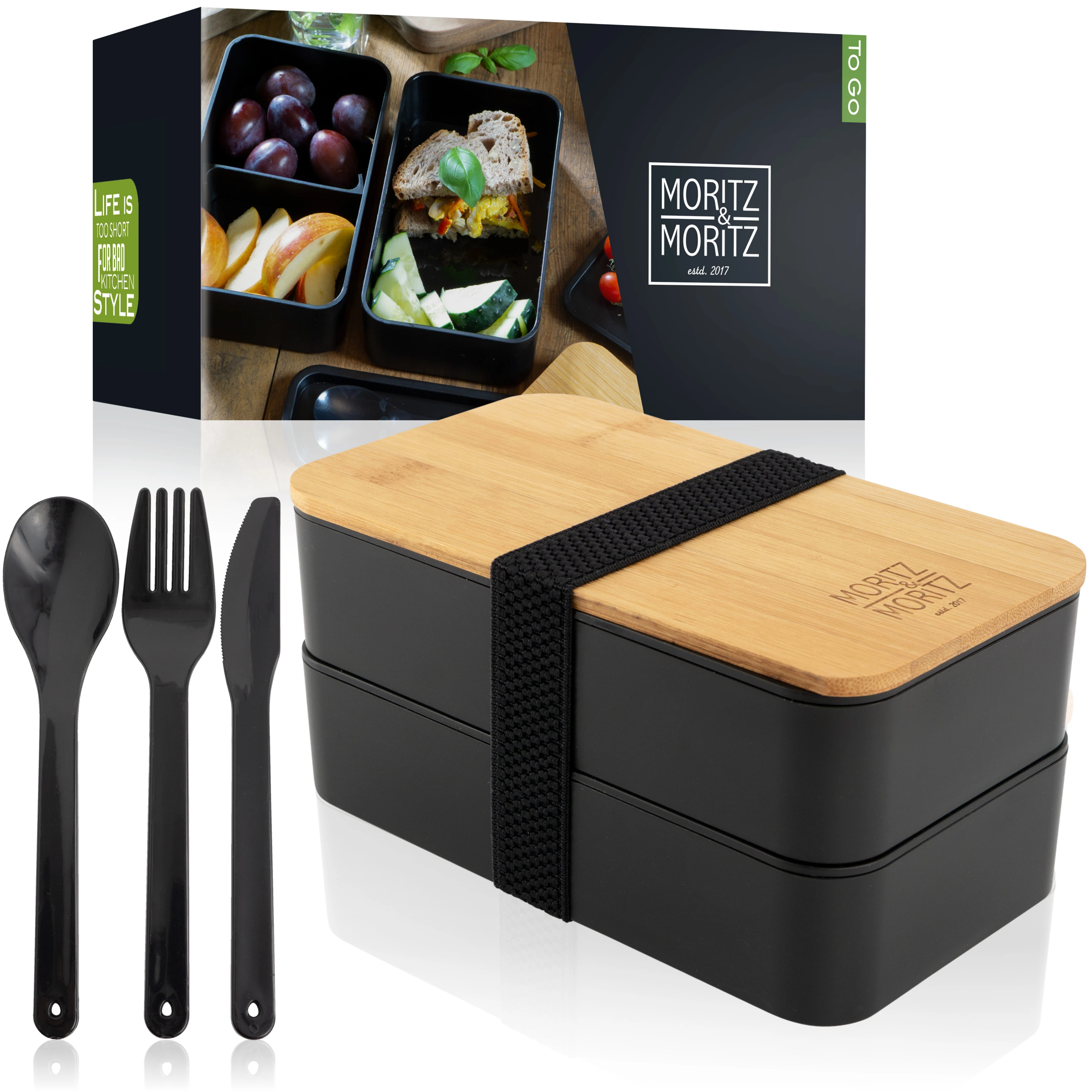 Bento Box schwarz – Brotdose mit Fächern, vor weißem Hintergrund