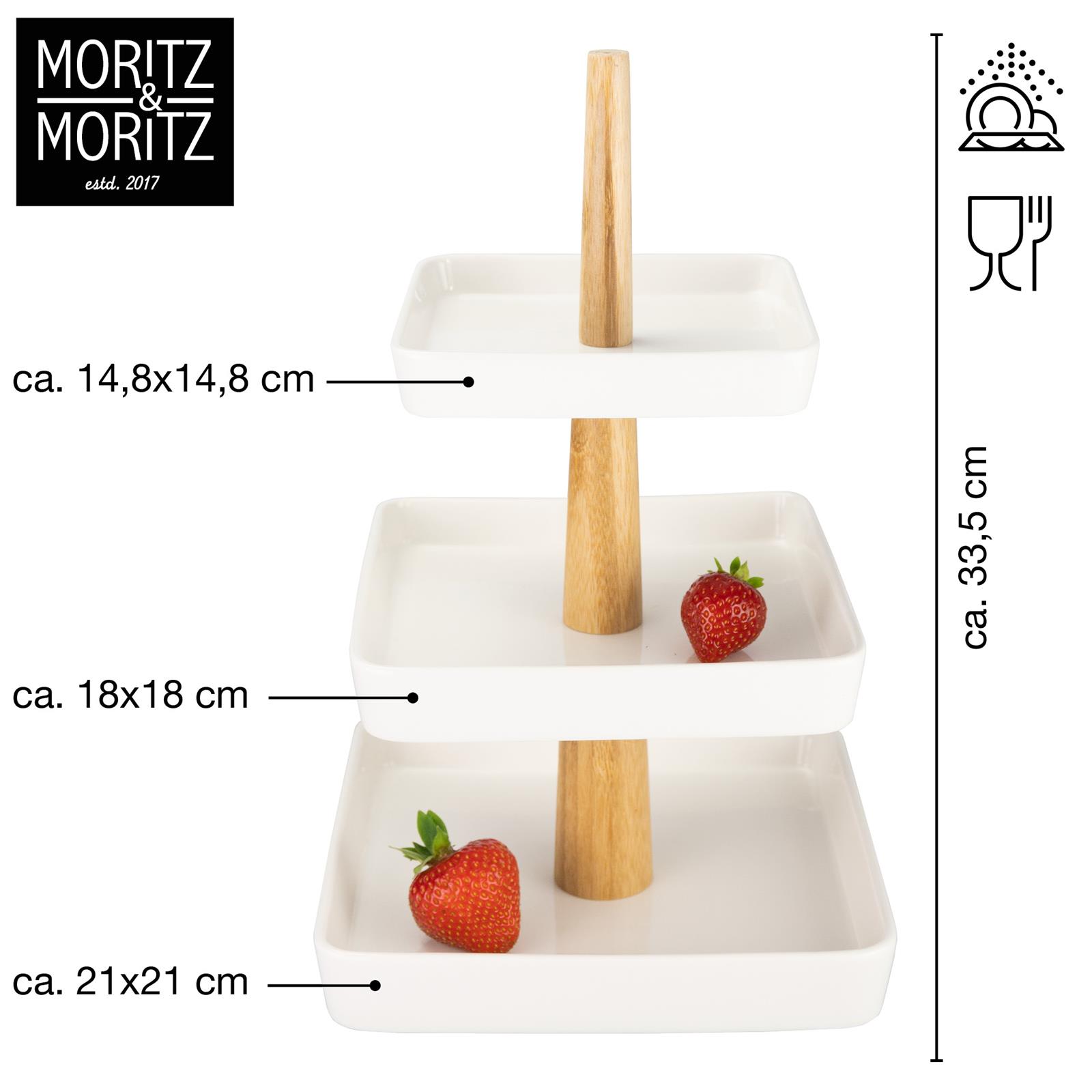 Weiße eckige Etagere mit Holzdetail, Präsentation von Speisen und Dekor auf zwei Ebenen