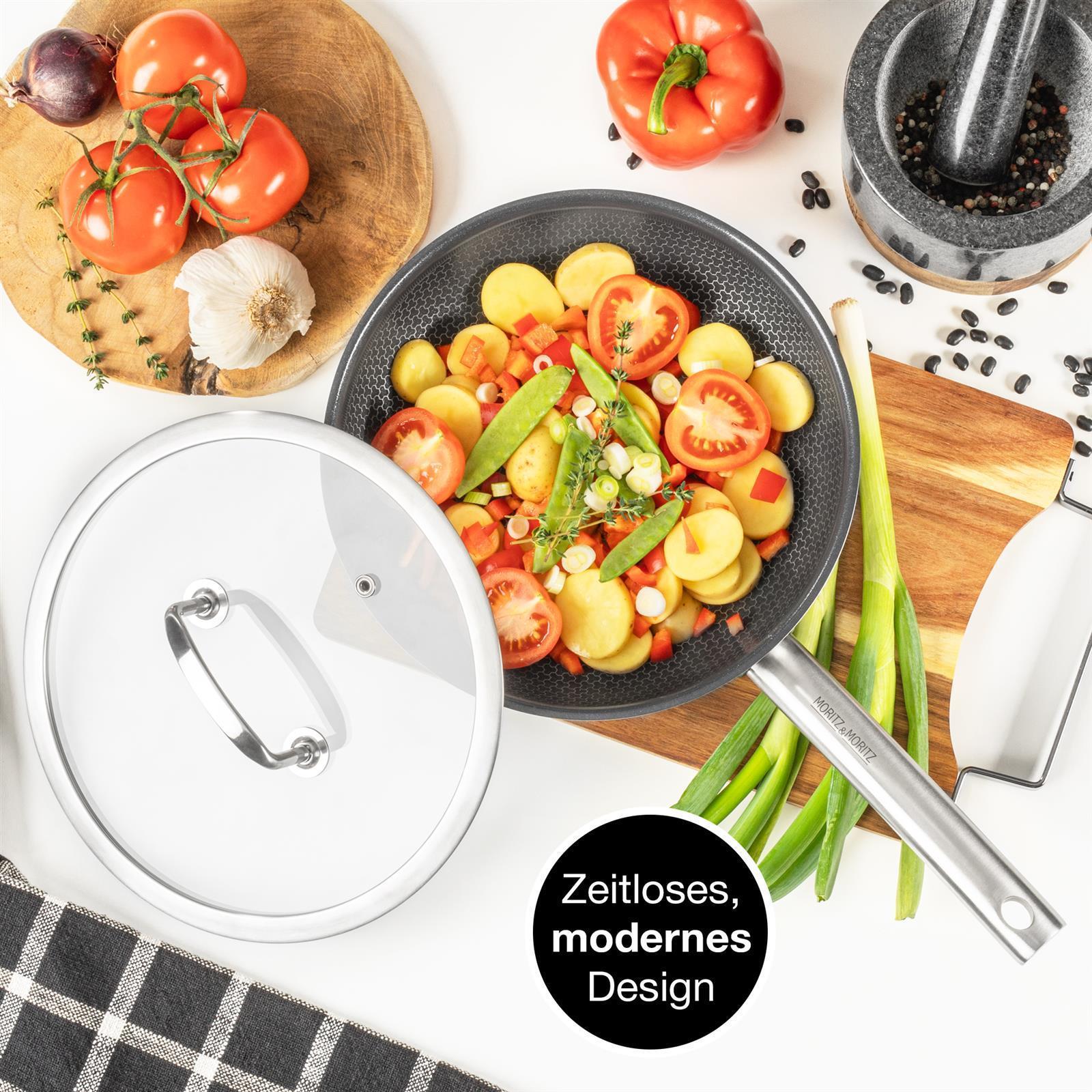 50/50 Pfanne mit Deckel 24cm - Runder Rand Pfanne mit Deckel 24 cm, runder Rand, hochwertiges Kochgeschirr, robustes Design, ideal für vielseitiges Kochen, Moritz und Moritz Produkt, langlebige Qualität, effizientes Kochen.