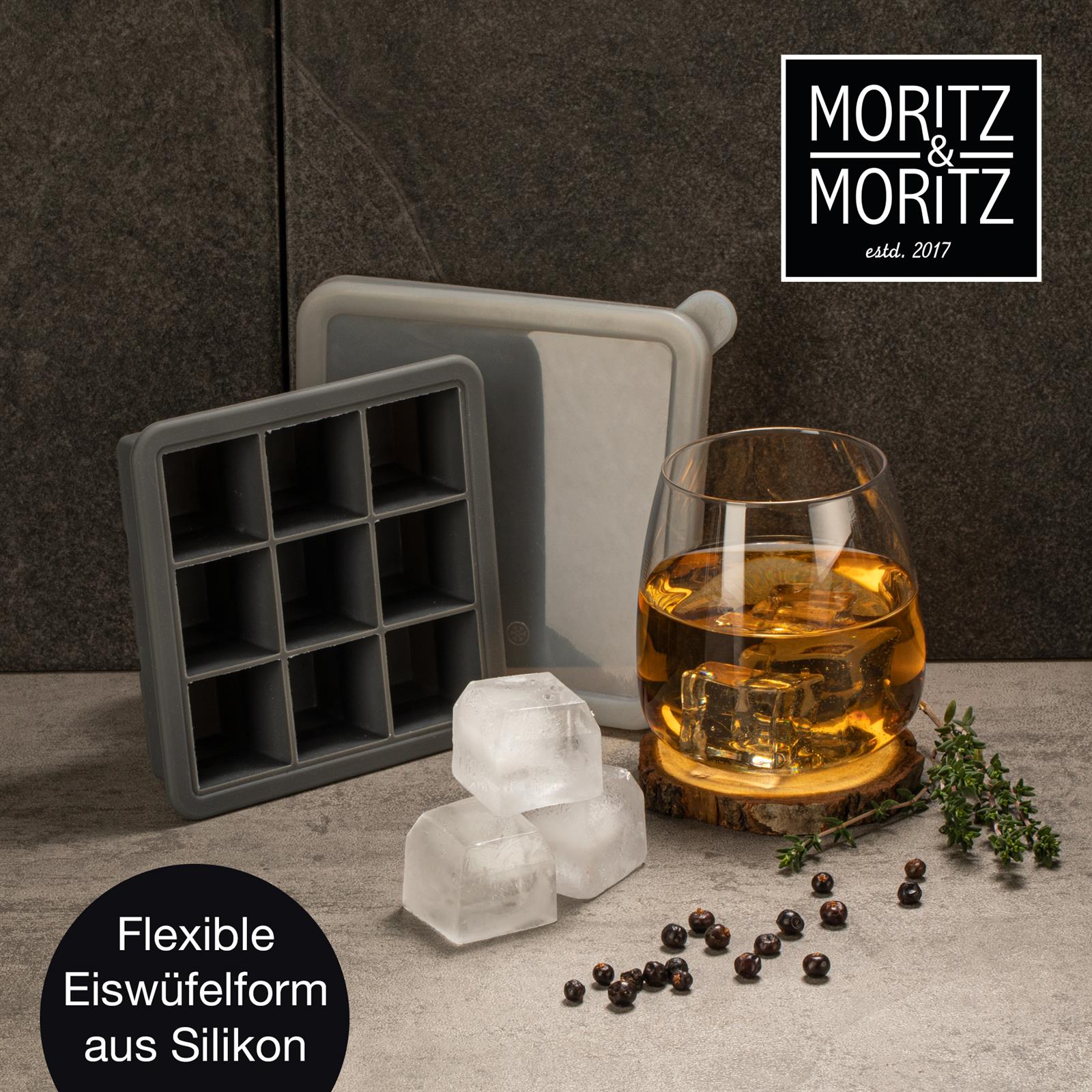 Moritz & Moritz Kitchen - Eiswürfelform Eckig mit Deckel (2er-Set) 9 Stück Design in Blau Eiswürfelform aus Silikon von Moritz & Moritz, eckig, 9 Stück pro Form, inklusive passendem Deckel, 2er Set, ideal zur Herstellung von klaren, gleichmäßig großen Eiswürfeln für Cocktails und andere Getränke.