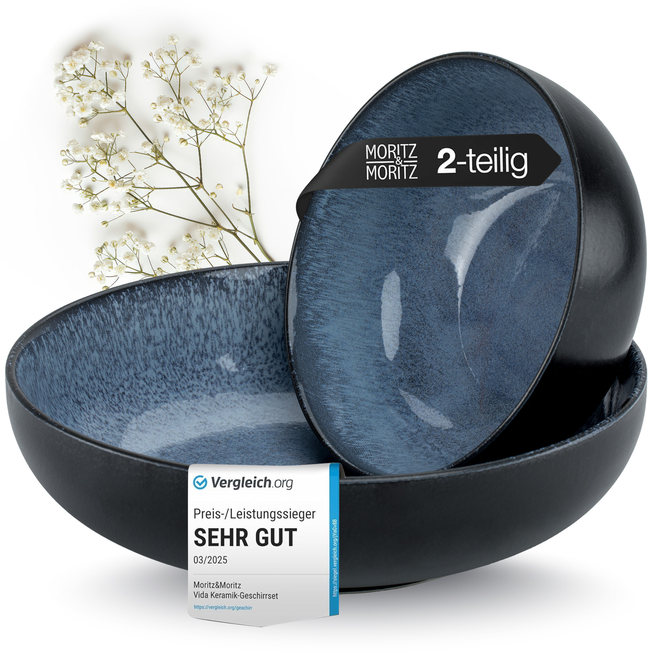 VIDA Servierschale 2-teilig Blau, vor weißem Hintergrund