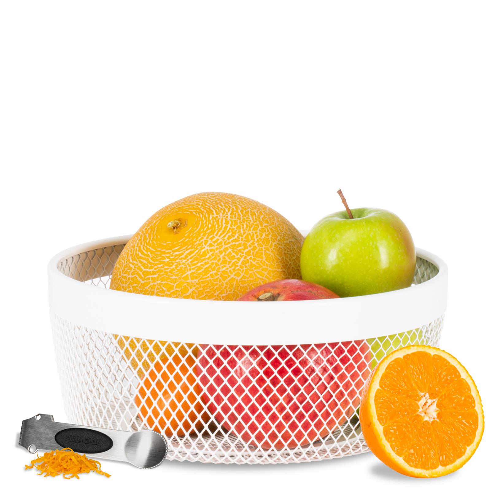 Obstkorb Weiß mit Edelstahl – Zestenreißer, das Bild zeigt eine, Küche mit weißen Hochglanzschränken