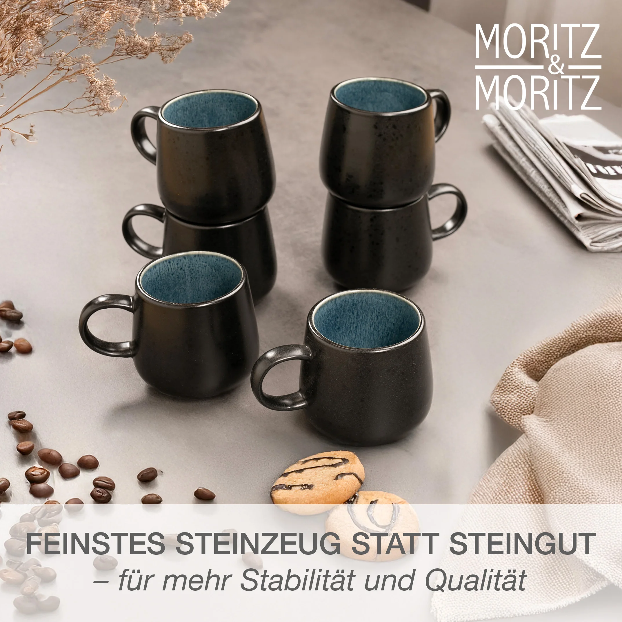 SOLID Geschirr Set 24-teilig Reaktiv blau, Einzelteile ausgelegt