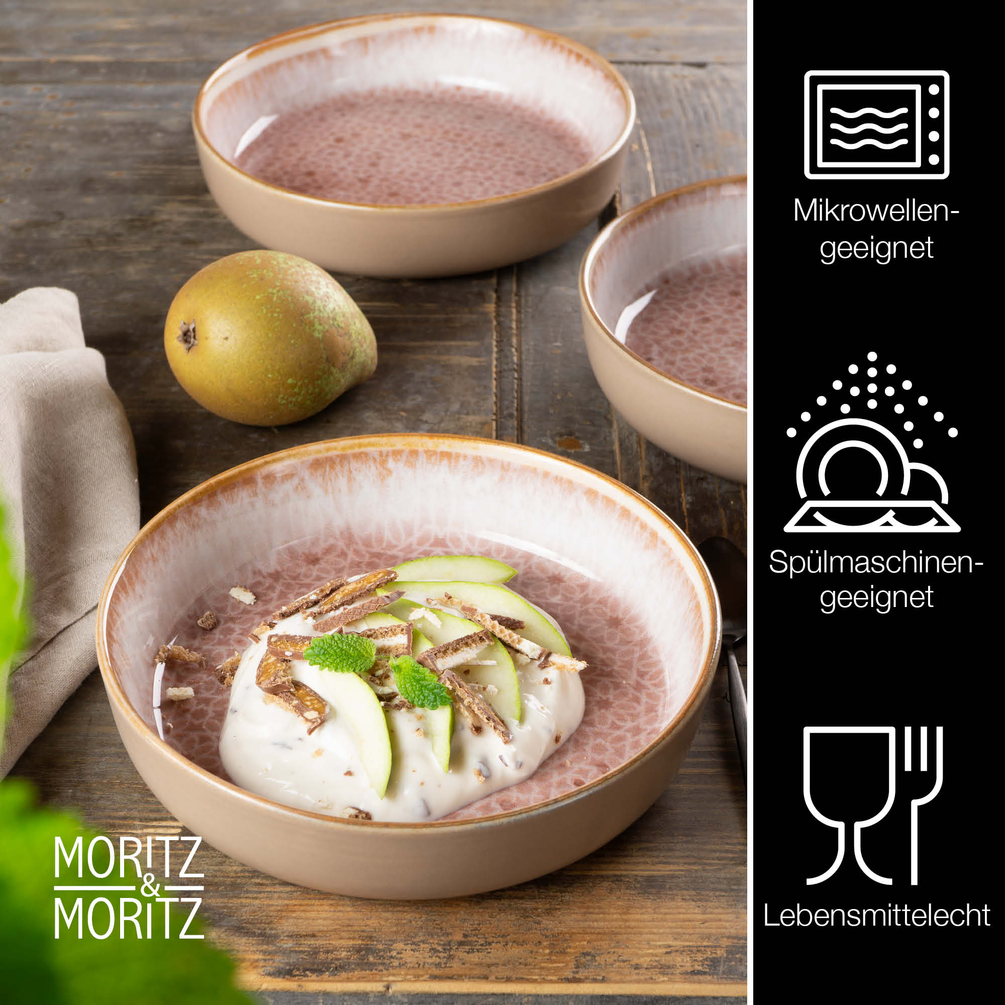 Suppenteller Set in Rosa mit Mediterranem Design, 6-teilig, auf gedecktem Tisch bei Tageslicht